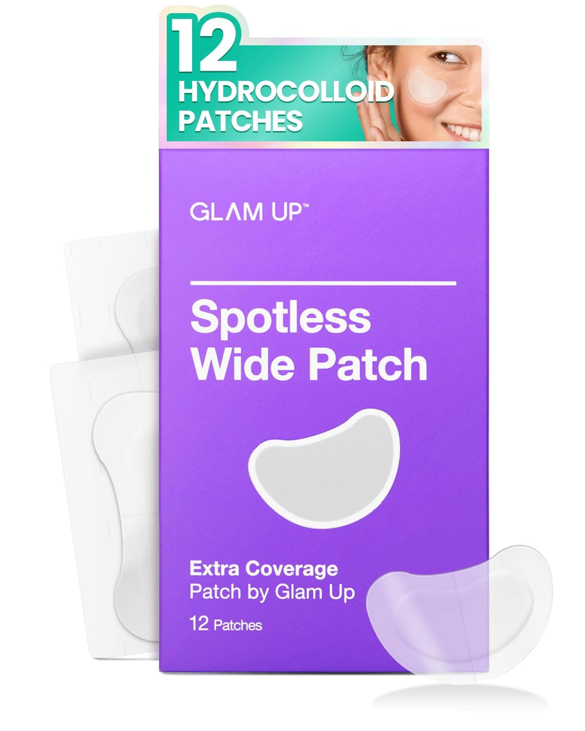 GLAM UP Spotless Wide Patch Hydrocolloid Coverage for Face Pores, Zits, and Oil - Strong Gunk Absorption Overnight, and Calm Treatment with Tea Tree (12 Patches)