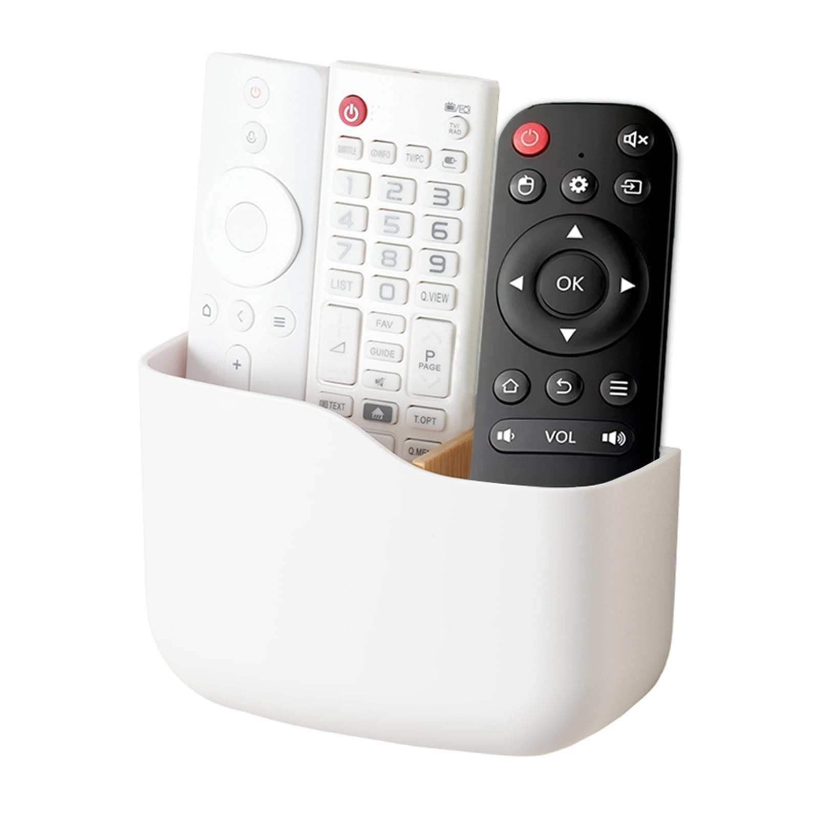 SUNFICON Adhesive Remote Control Holder Wall Mount Media Player Controller Holder Universal TV Remote Organiser Caddy Box Tray Hollow Bottom Slot Easy Phone Charging Home Office Desk Nightstand White