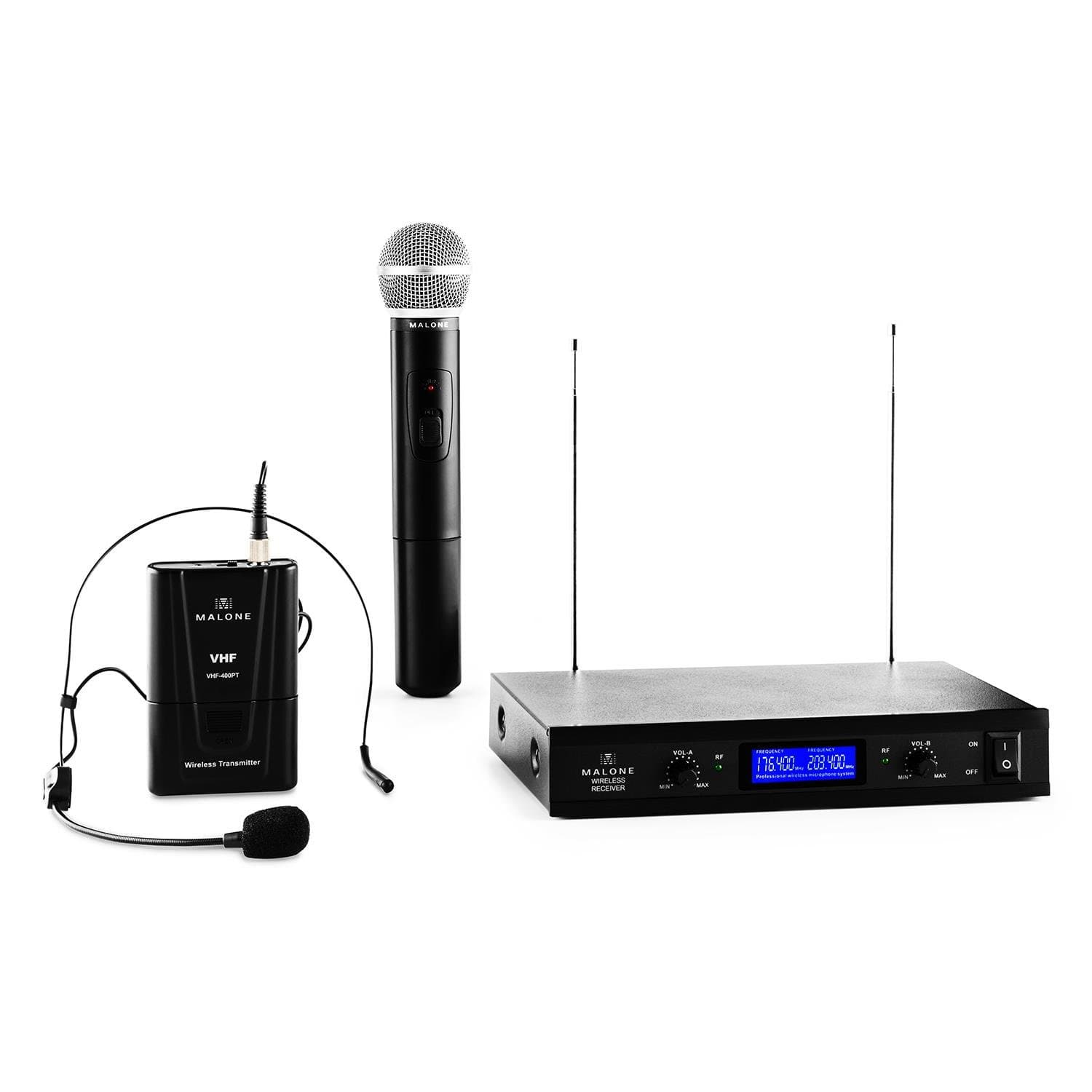 Malone VHF-400 Duo 3 - 2-Channel VHF Wireless Microphone Set , 1 x Wireless Hand-held Mic , 1 x Wireless Headset Mic , 50m Range , Long Battery Operating Times , 1 Receiver , Noise Reduction , Black