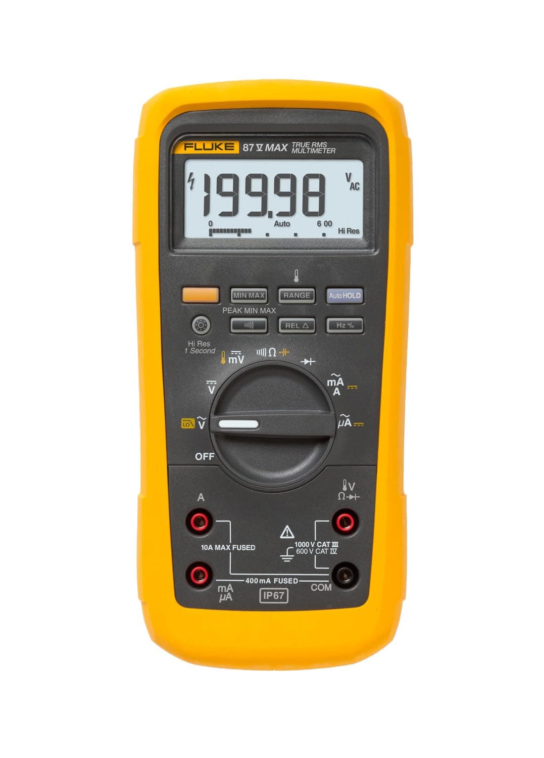 Fluke 87V MAX True-RMS Digital Multimeter, Rugged, Waterproof and Dustproof IP67 Rated, Up to 800 Hour Battery Capacity, Built-In Thermometer, Withstands Drops Up To 13 Feet, Includes TL175 Test Leads