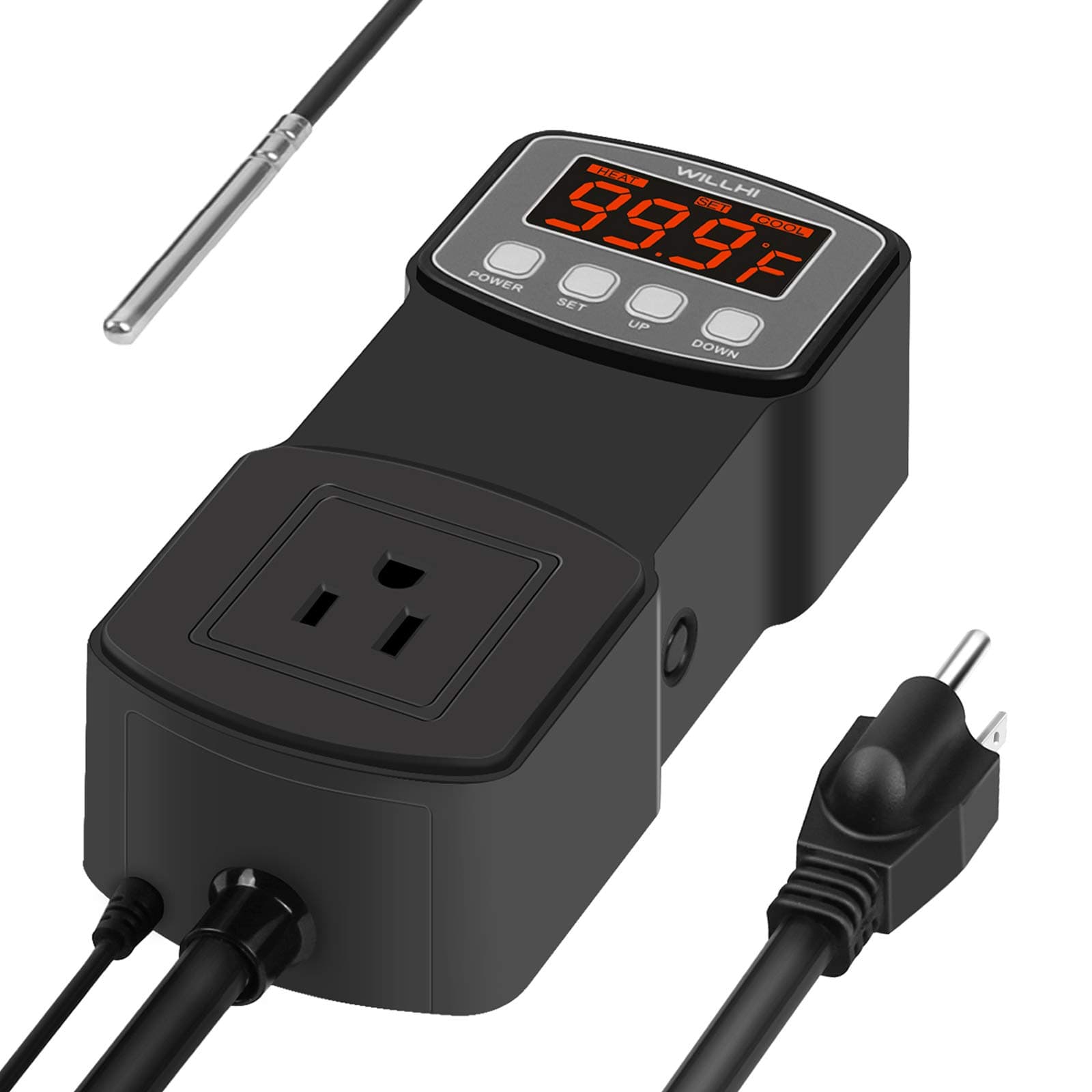 Digital Temperature Controller Build in Outlet 1650W 110V 15A Over Current Protection Thermostat Controller Heating Cooling -22~572℉ for Reptile Freezer Greenhouse Temperature Control, WH-1803B