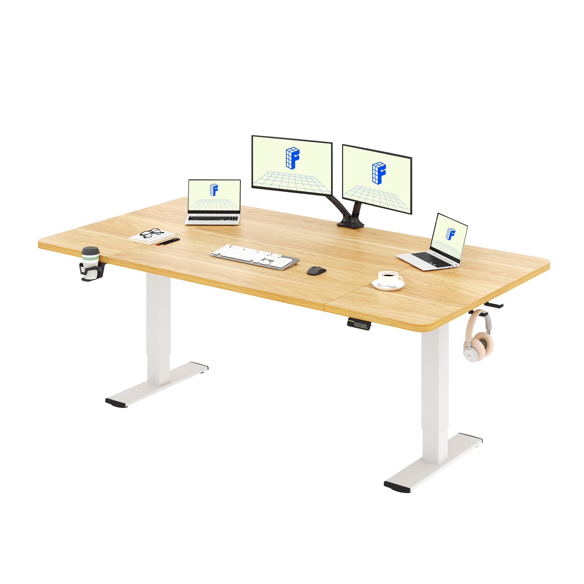 180 * 80cm Electric Standing Desk Adjustable Standing Desk Sit Stand Up Desk Computer Desk with Hook Memory Function for Office and Home (Maple+White)