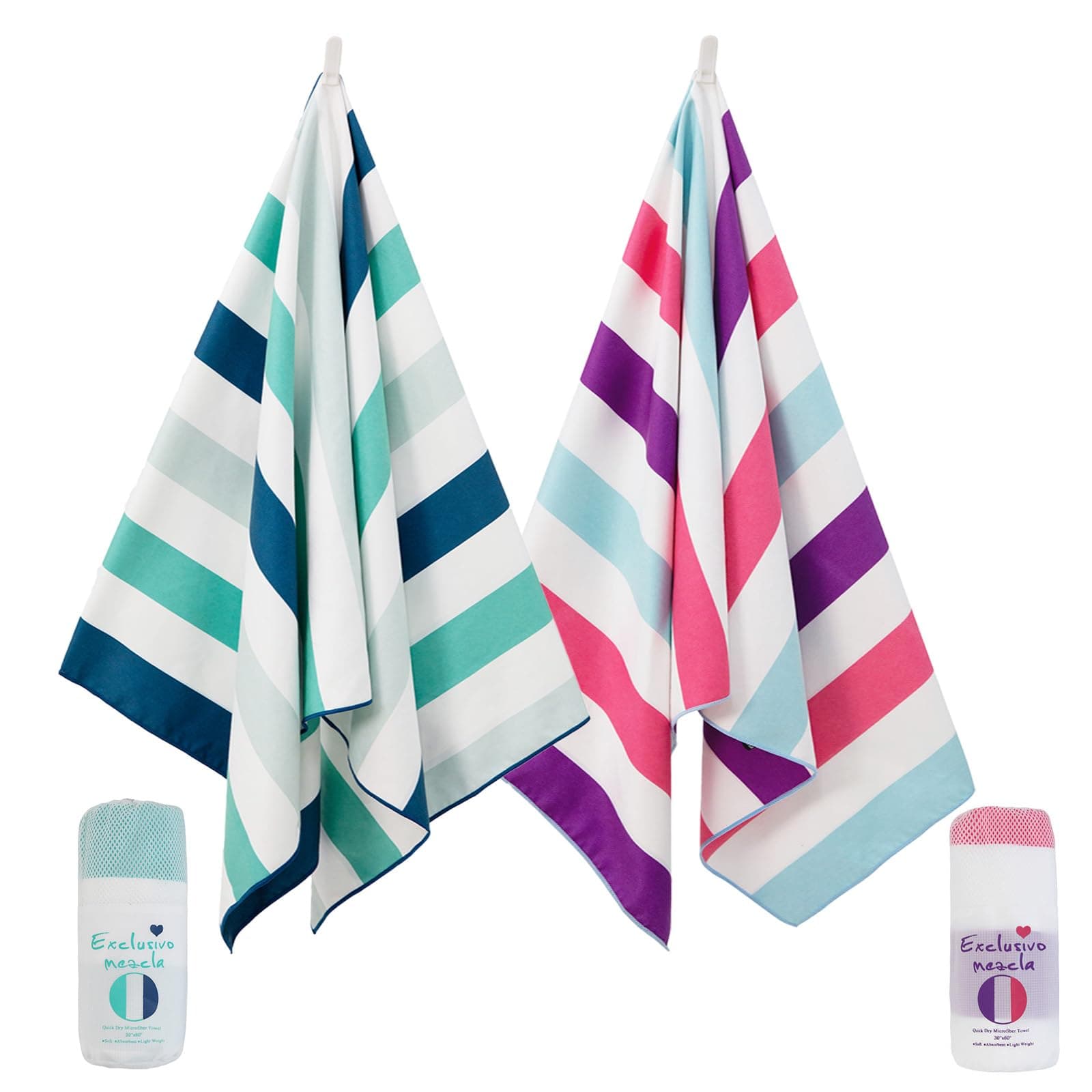 2 Pack Microfiber Quick Dry Beach Towels, Large Lightweight Sandfree Pool Towels for Swimming Camping Travel with Bag (Green and Purple, 30x60 Inches)