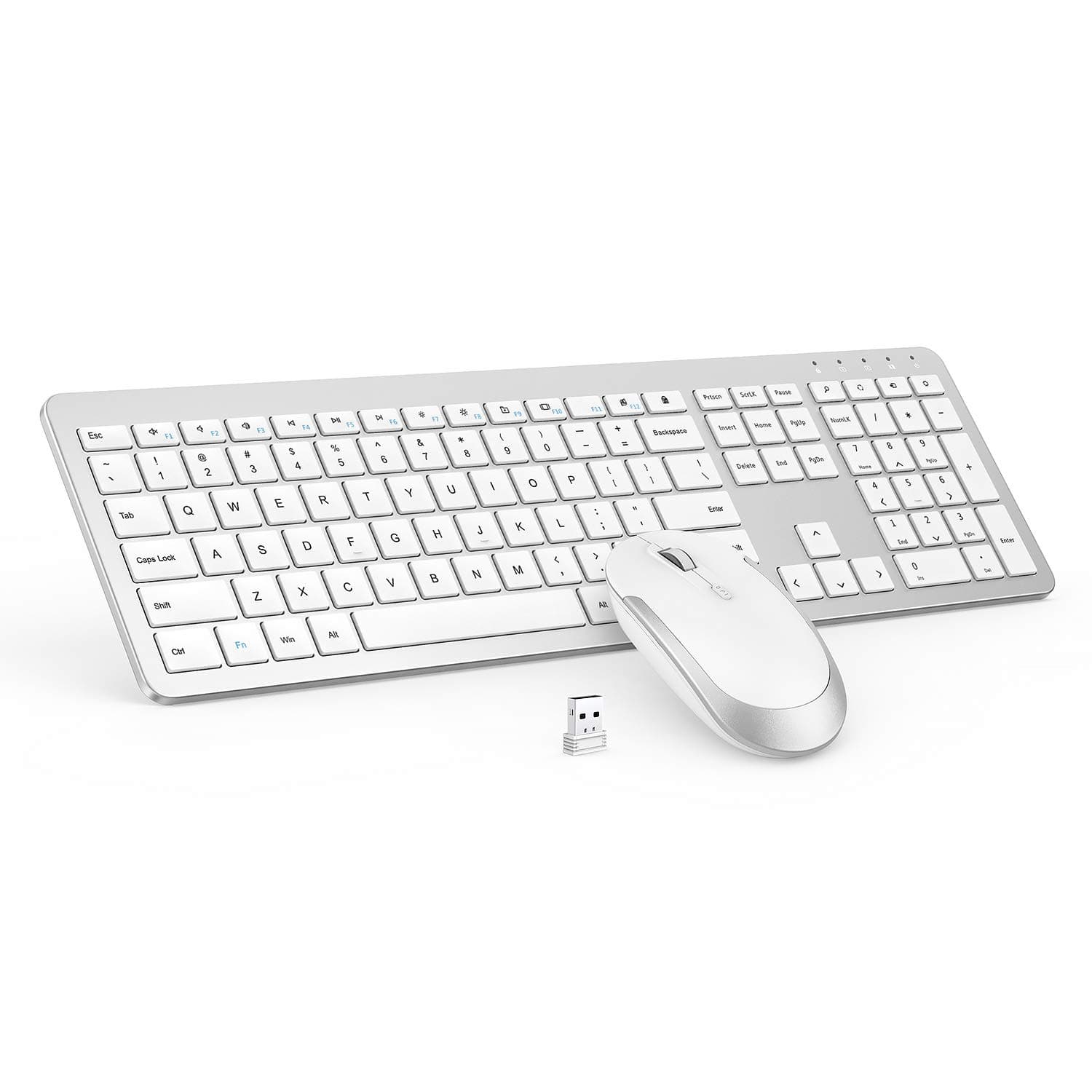 seenda Full Size Slim Thin USB Wireless Keyboard and Mouse Set with Numeric Keypad, 2.4G Stable Connection, Adjustable DPI (White and Silver)