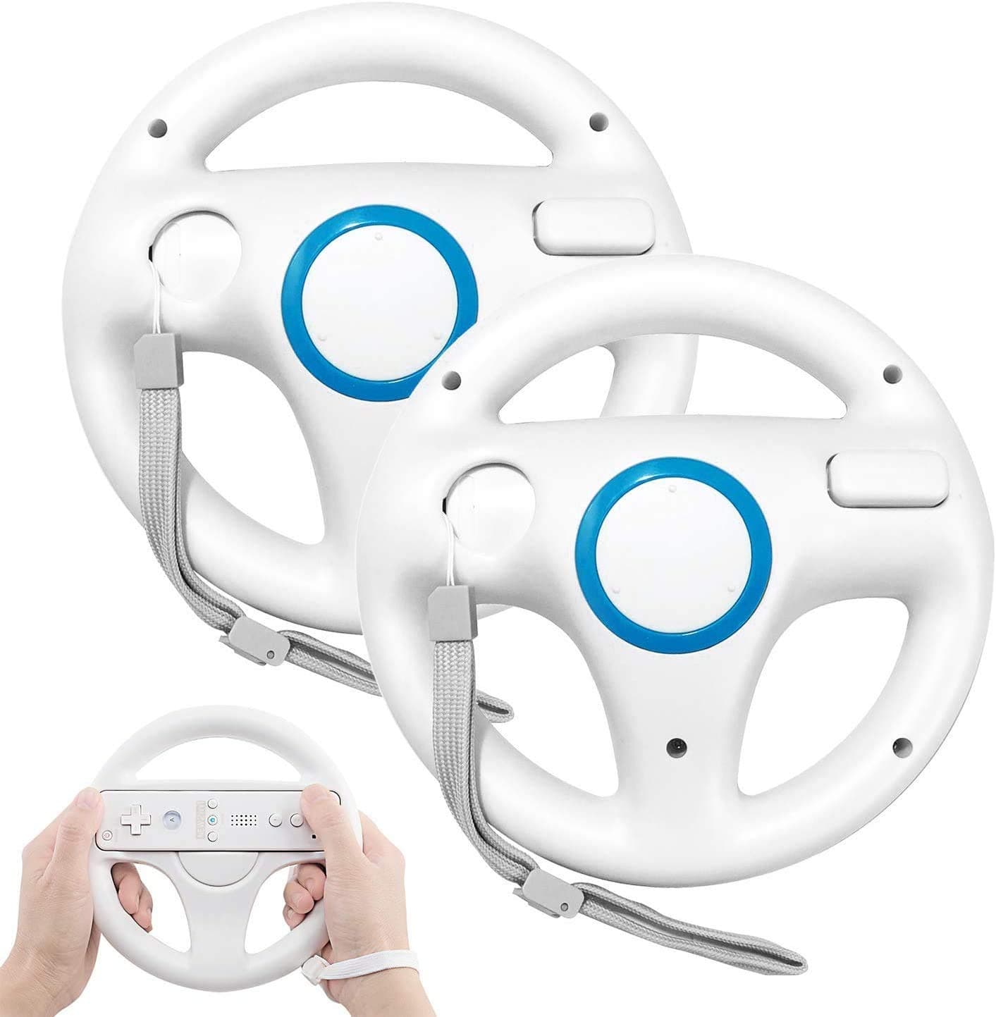Steering Wheel for Wii Controller, PowerLead 2 pcs Racing Wheel Compatible with Mario Kart, Game Controller Wheel for Nintendo Wii Remote Game-Whtie