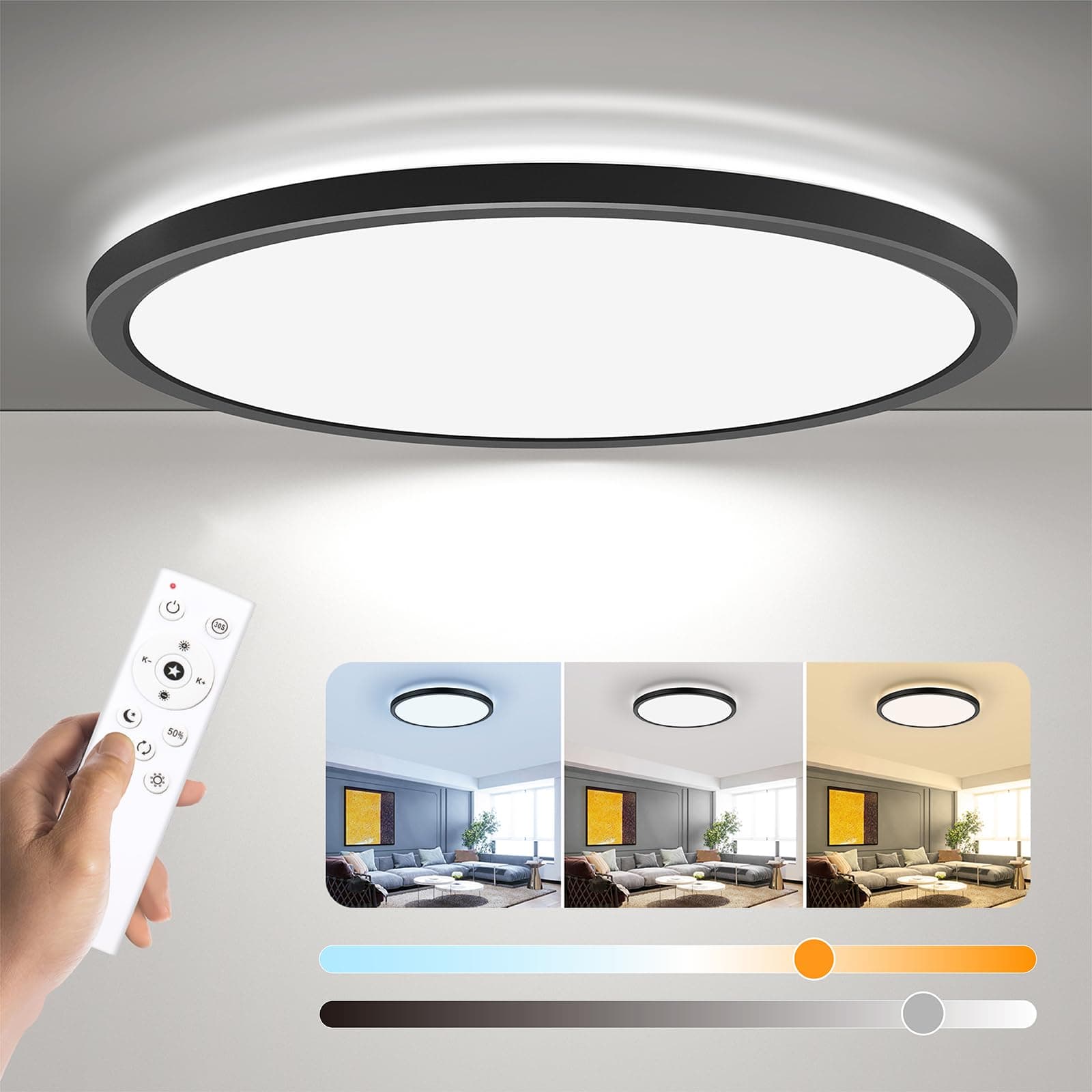 LED Flush Mount Ceiling Light with Remote Control, 12 Inch 24W Dimmable Low Profile Hardwired Light Fixture, 3000K - 6500K Color Temperature, Modern Ultra Thin Lamp for Bedroom