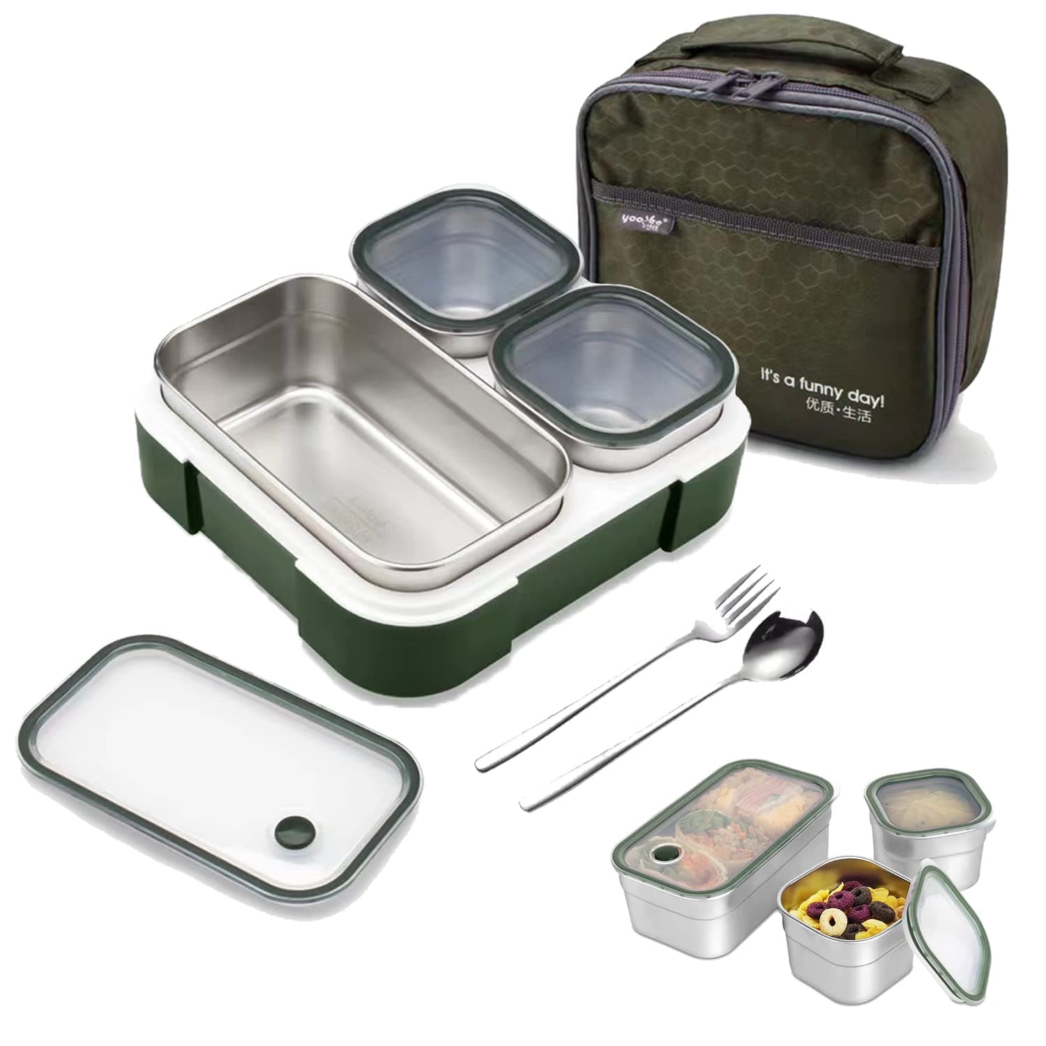Stainless Steel Bento Box with 3 Compartments & Tableware Set for Kids and Adults - Leakproof Lunch Container with Insulated Bag - Ideal for School, Work, & Travel - BPA Free, 720ml Capacity (Green)