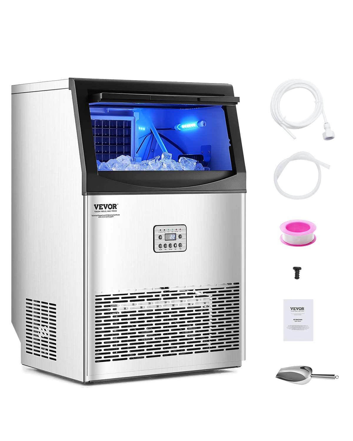 Commercial Ice Maker Machine, 90lbs/24H Ice Maker Machine with 33lbs Storage Capacity, 50 Ice Cubes in 15 Minutes, LED Digital Display Freestanding Self-Cleaning for Bar Office Restaurant