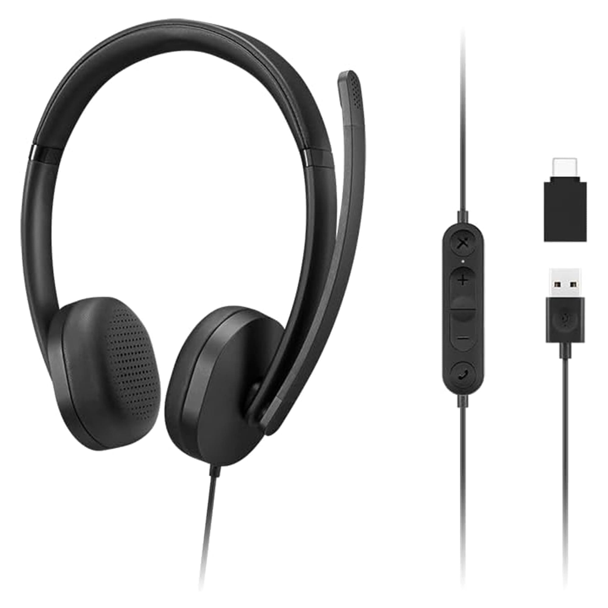 Lenovo 115 USB-A/USB-C Wired Stereo Headset – Lightweight, Noise-Cancelling, in-Line Control Box, USB-A to USB-C Adapter, Over-Ear Design, Headset with Mic for PC and Laptop, Black