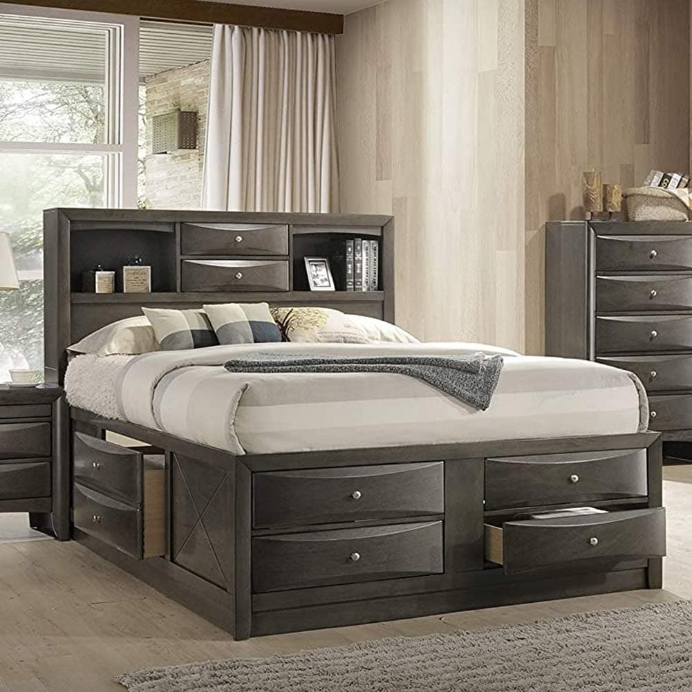 HABITRIO Queen Bed with Storage, Solid Wood Queen Size Bed Frame with Headboard (2 Bookcase, 2 Drawers), Footboard (4 Drawers), Rail with 2 Drawers, Wood Slat, No Box Spring Needed, Gray Oak