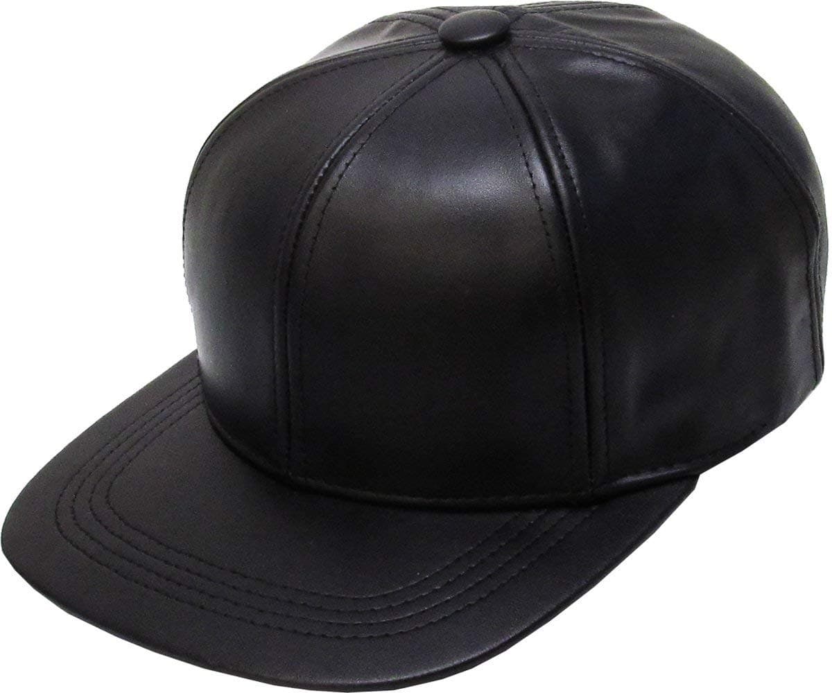 LEATHER-BBCAP BLK Genuine Leather Flat Bill Baseball Hat Cap - Made In USA