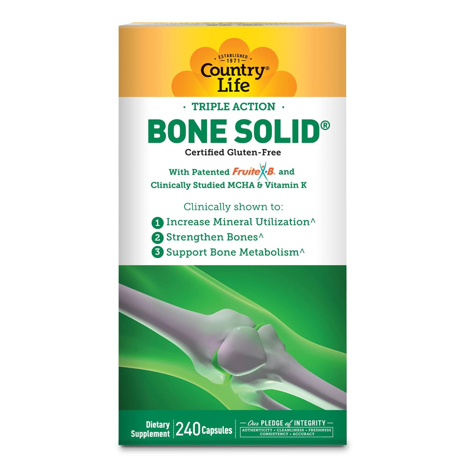 Country Life Triple Action Bone Solid - Calcium Supplement with Boron, HCA, Vitamin K - 240 Capsules