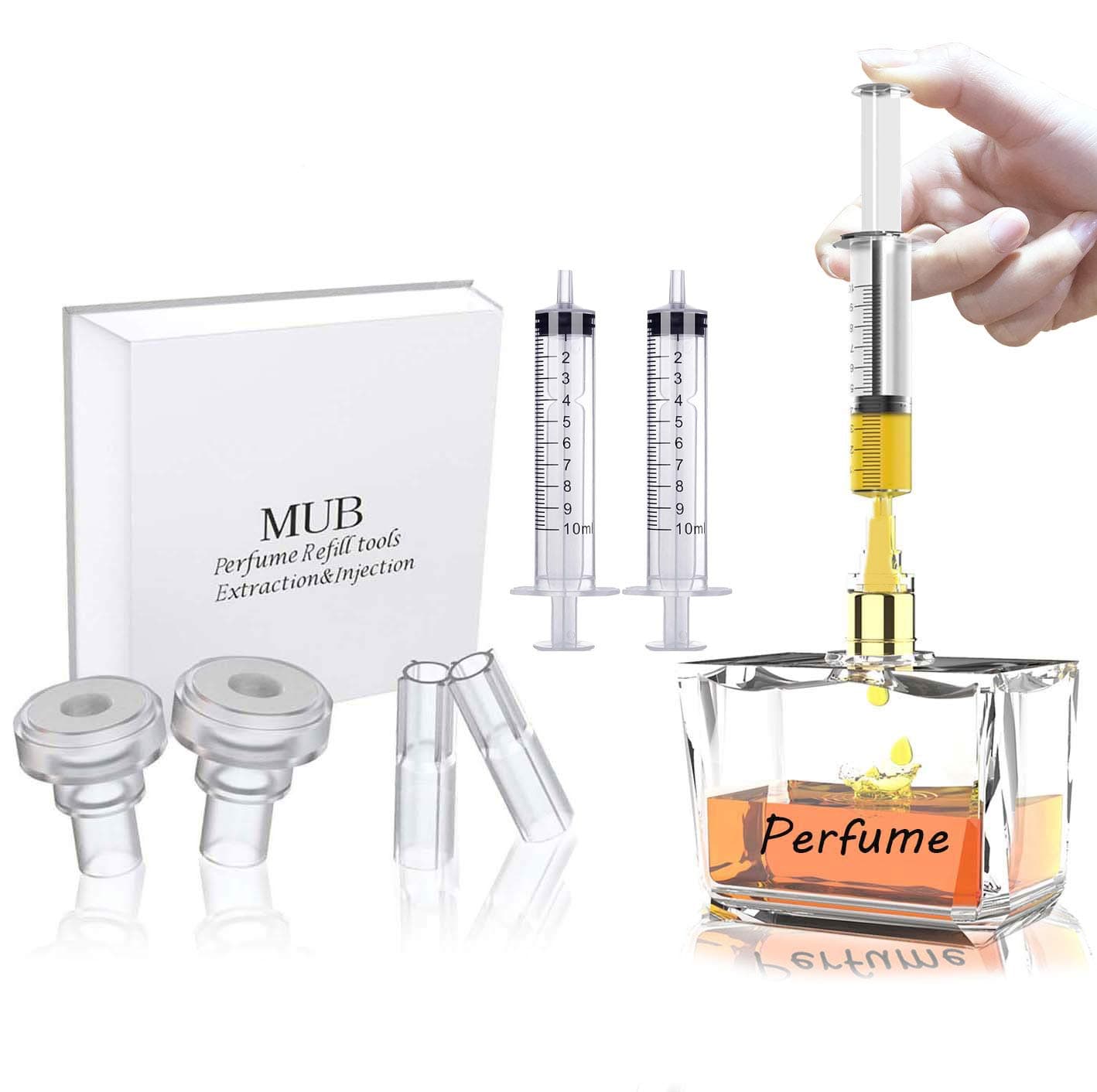 MUB 10ml Perfume Refill Pump Tools, Perfume Decanter Kit Dispenser with Adapter Tools for Perfumes Transfer, Plastic Perfume Extractor Syringe Refill Tool for Cologne, with 2 Syringes and 4 Adapters