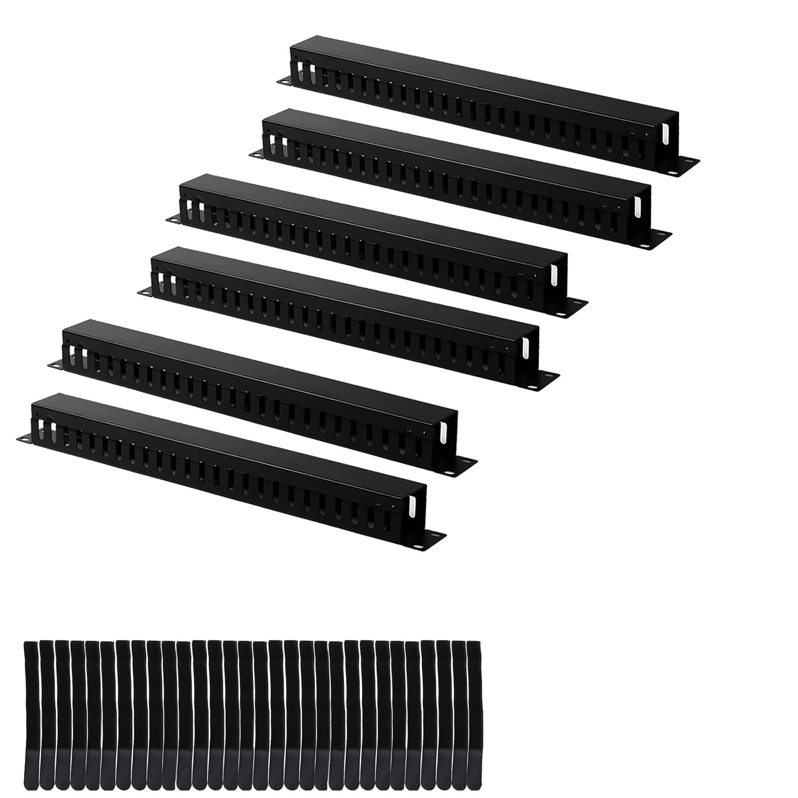Lancher 6-Pack 19 Inch 1U Cable Management Horizontal Cable Rack Mount Manager with mounting Screws for Service Rack Cabinet 24 Slot Finger Duct with Cover