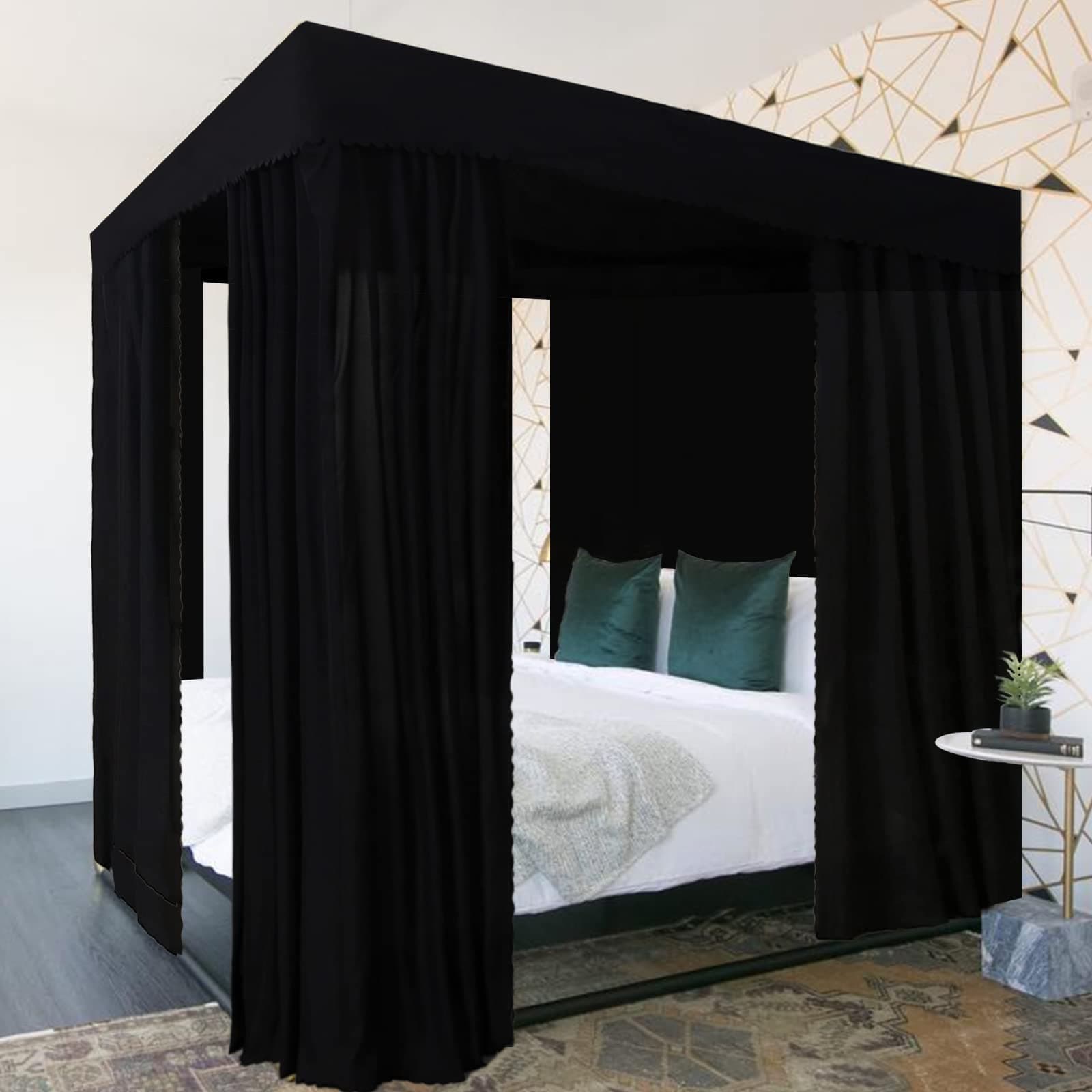 Black Canopy Bed Curtains - 4 Corner Post for King Bed, Adults Girls Bedroom Decoration (Black, King)