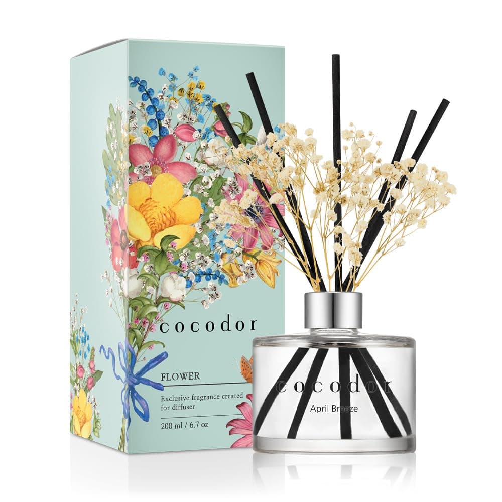 COCODOR Reed Diffuser Set with Preserved Baby's Breath with Sticks/April Breeze / 6.7oz / Scent Fragrance Oil Diffuser for Bedroom Bathroom Home Decor