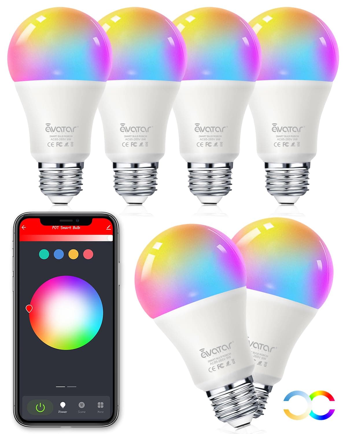 Smart Light Bulbs 6 Pack - Alexa WiFi light Bulbs RGBCW 16 Million Color Changing Dimmable Lights, 9W A19 E26 Smart Led Light Bulb Compatible with Alexa Google Assistant, No Hub Required