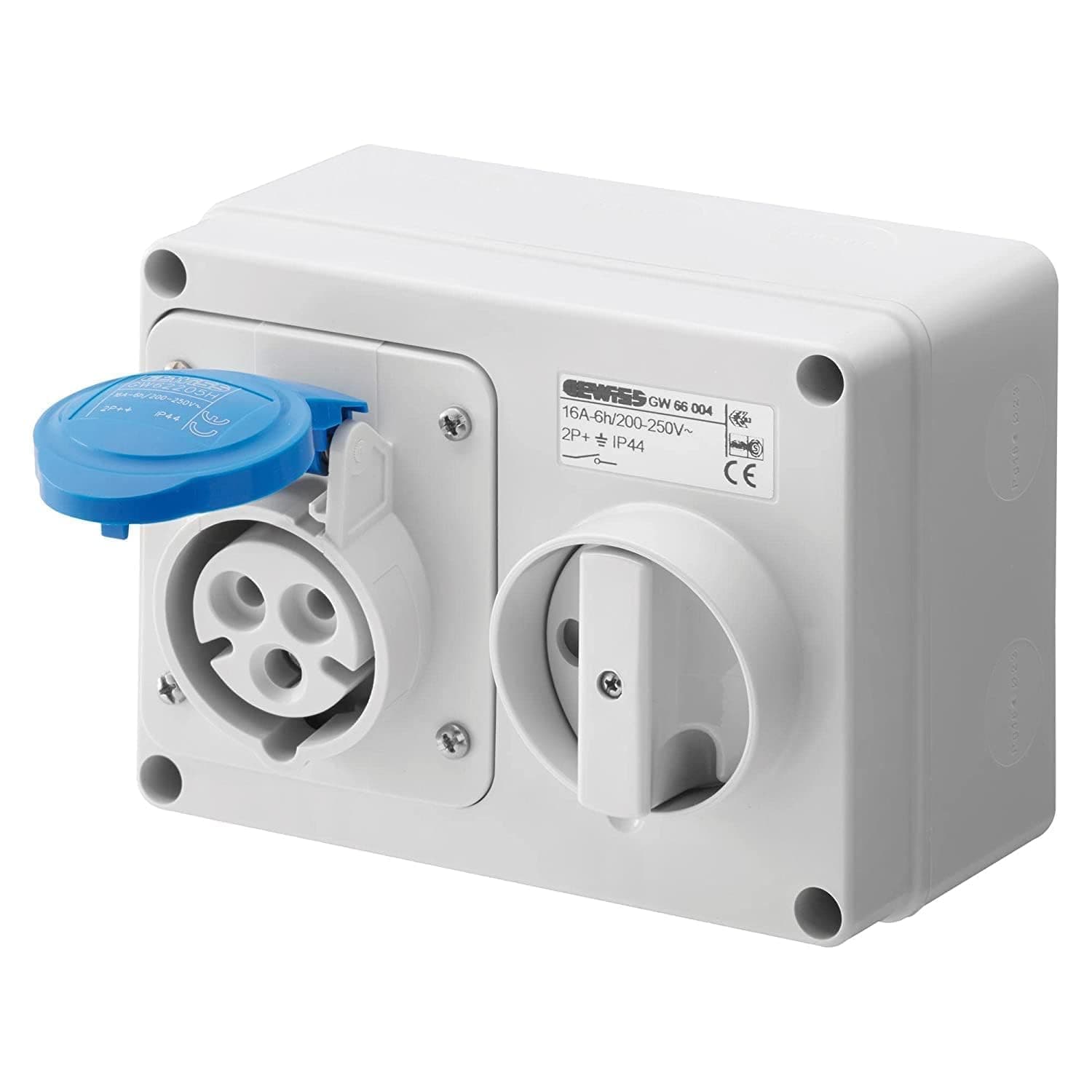 GW66004 Horizontal Interlocked Socket Outlet, IP44, 6 Reference, 2P+E Pole, 200V-250V, 16 A, 50 Hz/60 Hz, Blue
