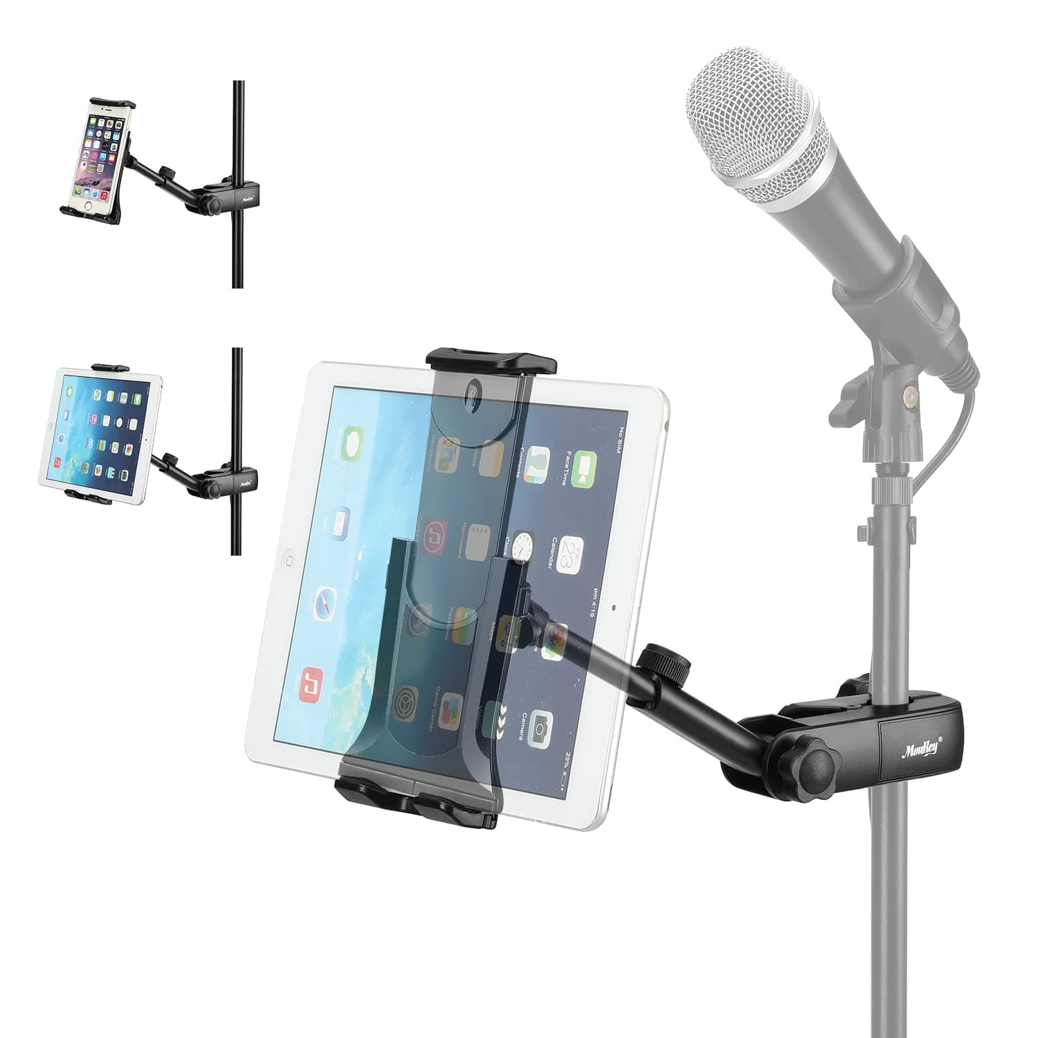 Moukey Adjustable Tablet Holder for Microphone Stands, Mic Stand Clamp Mount Bracket for Smartphones, 90°Flexible Tablet Stand Mmsph-1