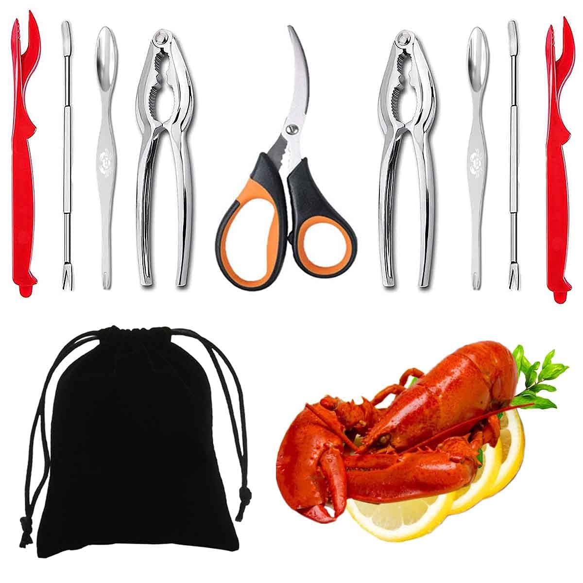 – Artcome Seafood Tools Set - 2 Crab Crackers, 2 Lobster Shellers, 2 Seafood Forks, 2 Wide Crab Forks, 1 Seafood Scissors and 1 Storage Bag