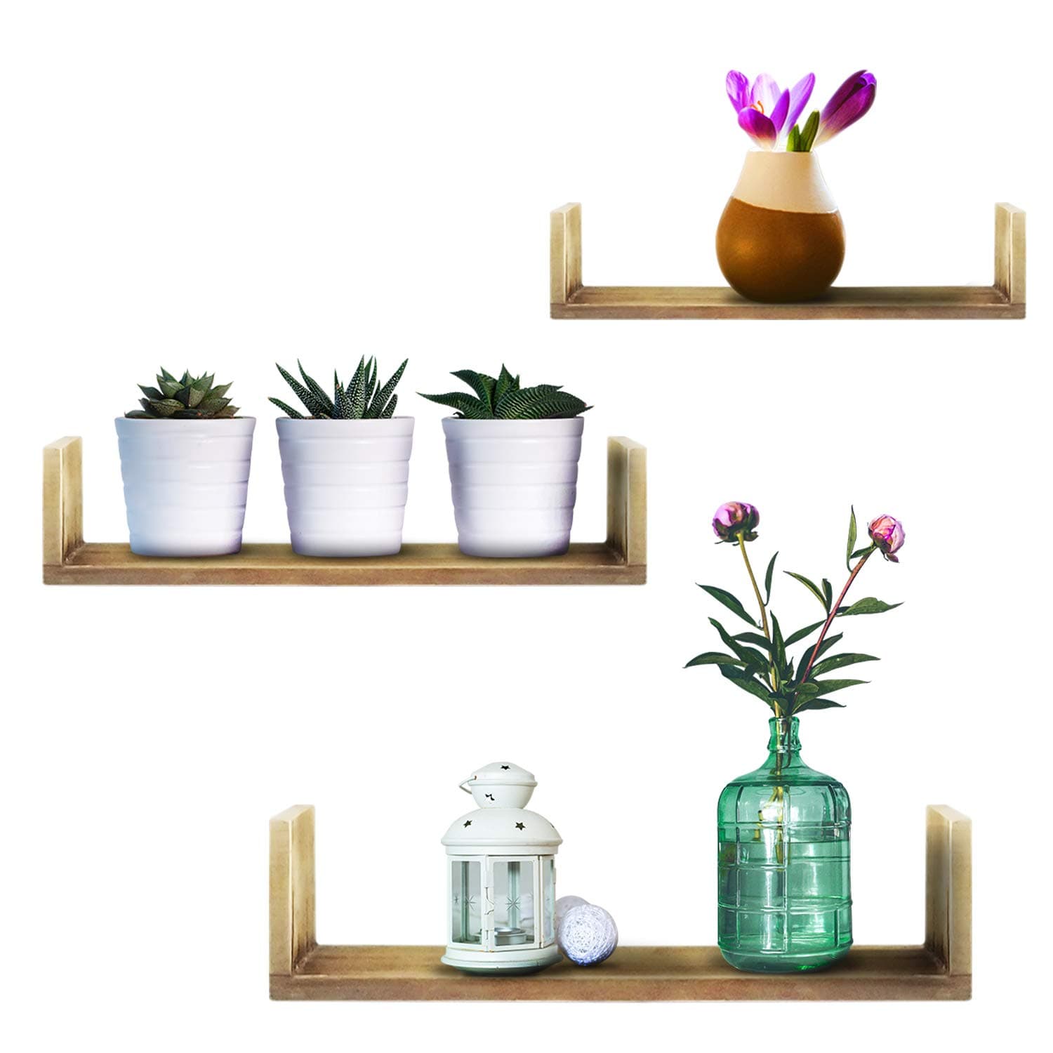 Infinity Forward Floating Shelves Wall Mounted, Set of 3, Rustic Wood Shelves, Wall Shelves for Bathroom, Kitchen, Bedroom, Living Room and Office