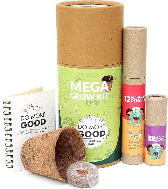 Plantable Mega Grow Kit - 1 A5 Notepad 10 Seed Pens 12 Pencils Planter Cocopeat, 100% Ecofriendly Stationary (PCs 25)