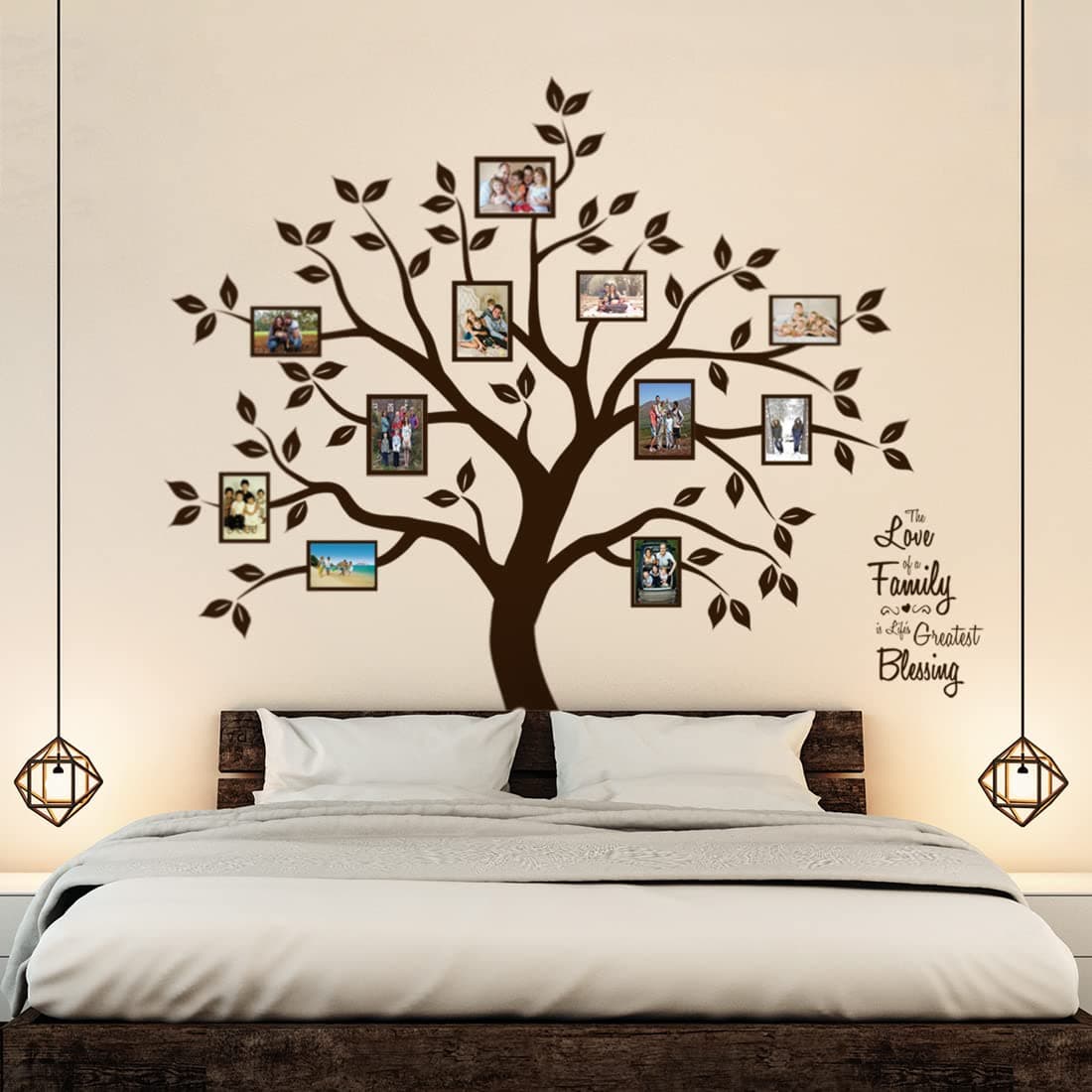Family Tree Wall Decor Large Tree Wall Decals Dark Brown Vinyl Photo Frames Collage Frame Wall Stickers with Quote