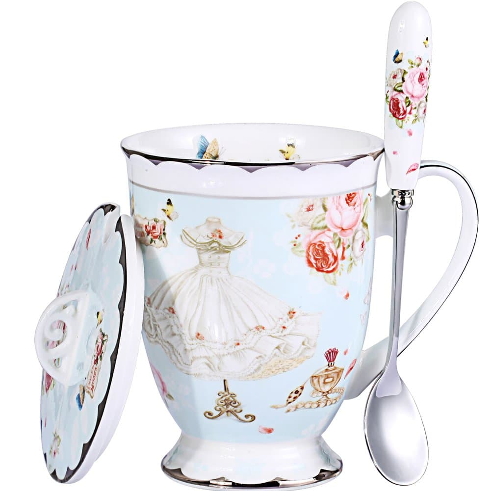 Tea Cup and Lid and Spoon Set Royal Fine Bone China Coffee Mug 330ml Light Blue TeaCups