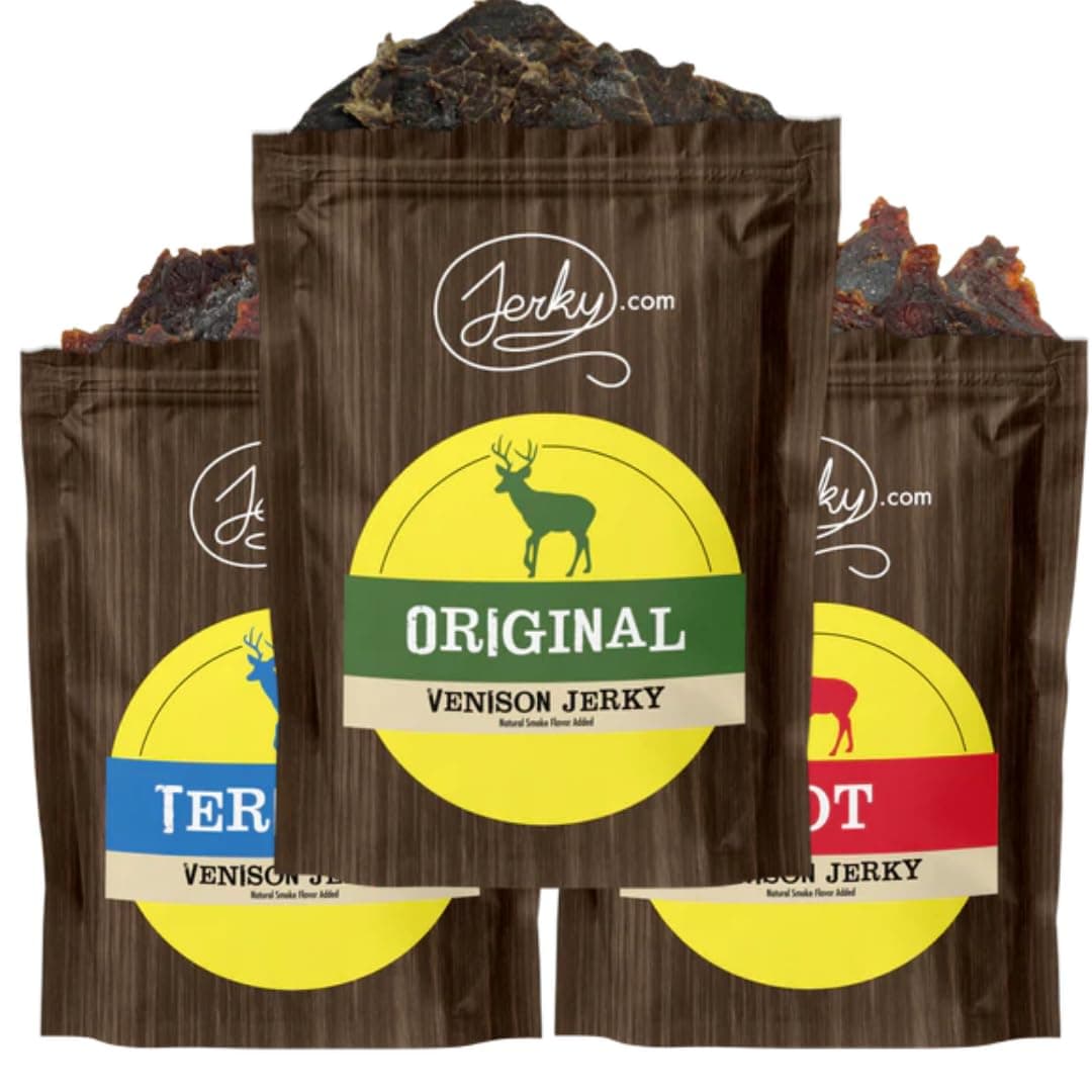 Jerky.com's Exotic Venison Jerky Sampler - Wild Game Meat Snacks, Exotic Snacks, High-Protein, All-Natural, No Added Preservatives - Healthy Snacks for Adults - 1.75 oz. (Pack of 3)