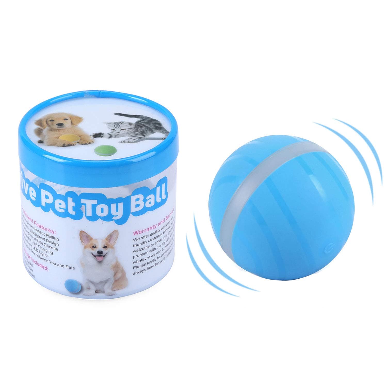 ritastar Rechargeable USB 360° Auto Rolling Smart Interactive Ball Cat Toy Durable Soft Rubber Tough Dog Chew Toys Waterproof Training Fetch Chasing Self Rotating Pet Balls with RGB LED Lights(Blue)