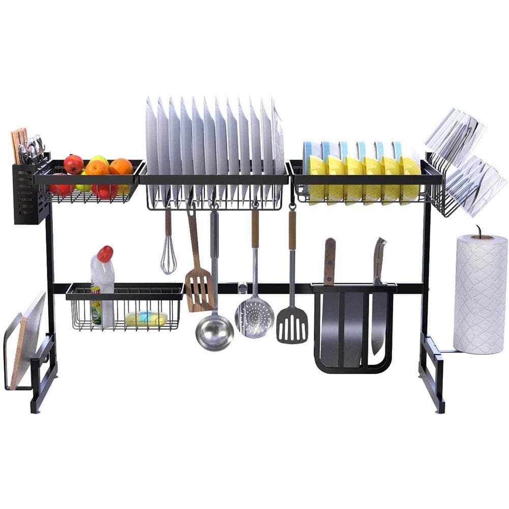 LEMOZO Dish Drying Rack Over Sink Display Stand Drainer Stainless Steel Kitchen Supplies Storage Shelf Utensils Holder (Black)