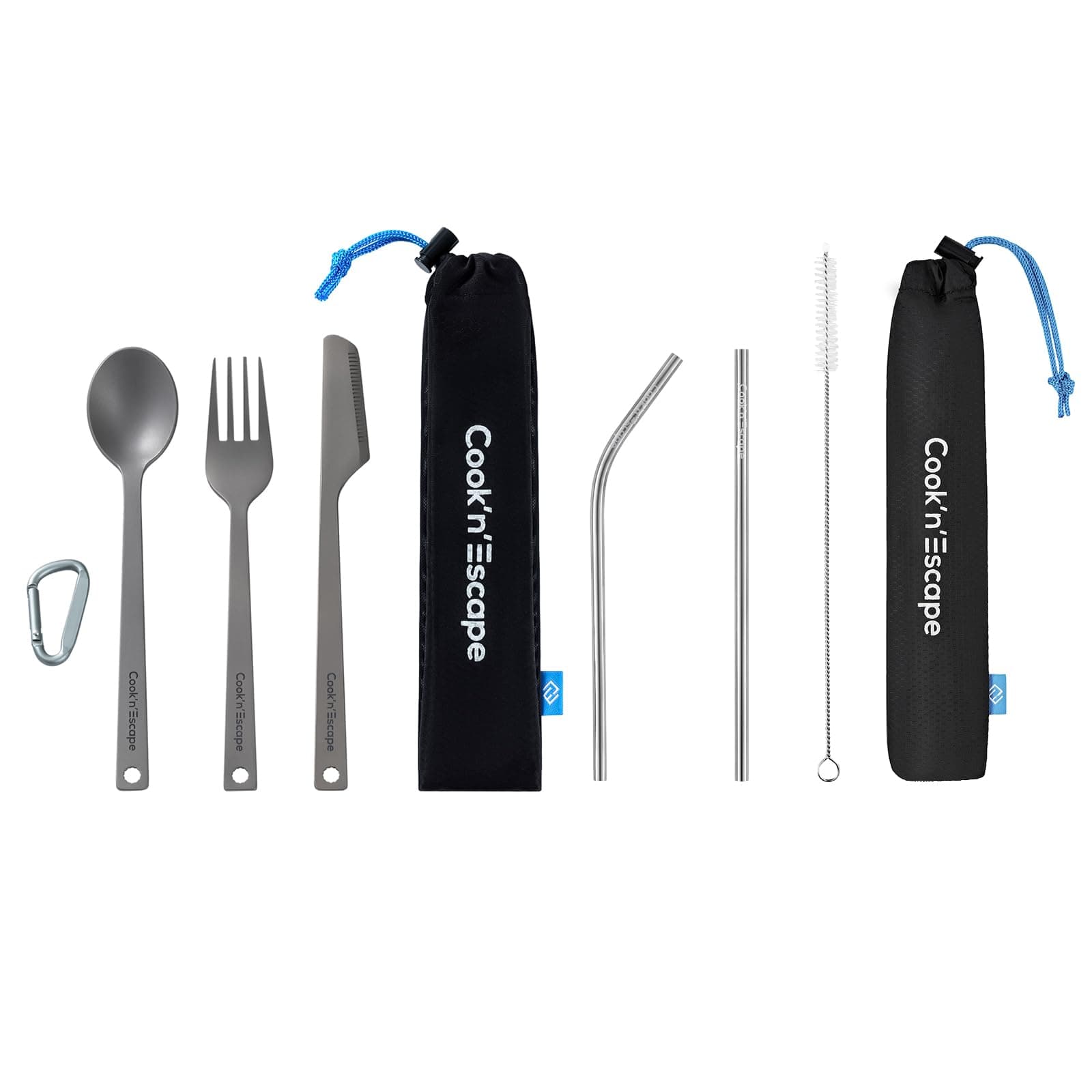 COOK'N'ESCAPETitanium Camping Cooking Utensils, Lightweight Spoon Fork Knife Combo Flatware+Reusable Titanium Straw Set with Cleaning Brush for Kitchen Travel Picnic Hiking Backpacking Outdoors