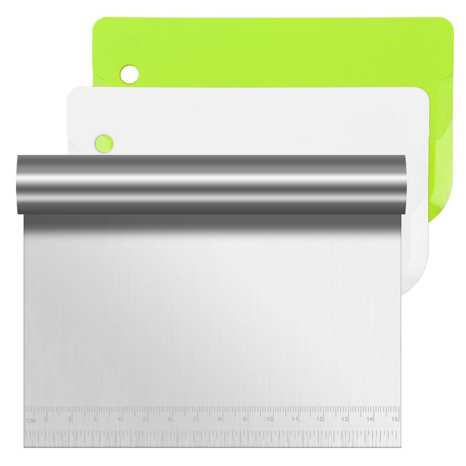 Dough Scraper Cutter, 3 Pcs Stainless Steel Dough Scraper with Handle and Measuring Scale Plastic Shape Spatulas Flexible Dough Cutter for Pizza Pastry Bread Baking Cream Smoother