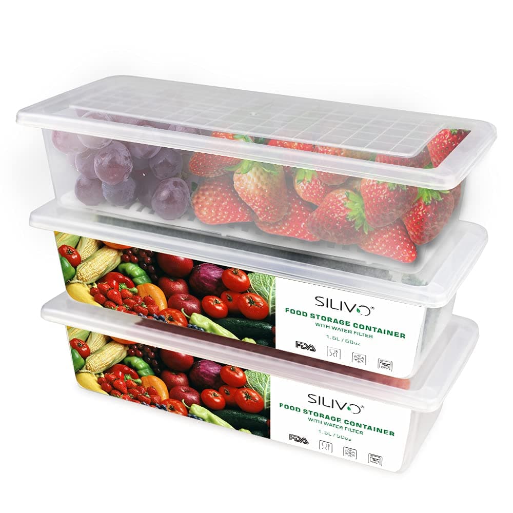 Fridge Organiser with Lids, SILIVO Food Storage Containers with Draining Grid, Fridge Organiser for Storing Fresh Fruit, Vegetable and Cheese (3 x 1.5L)