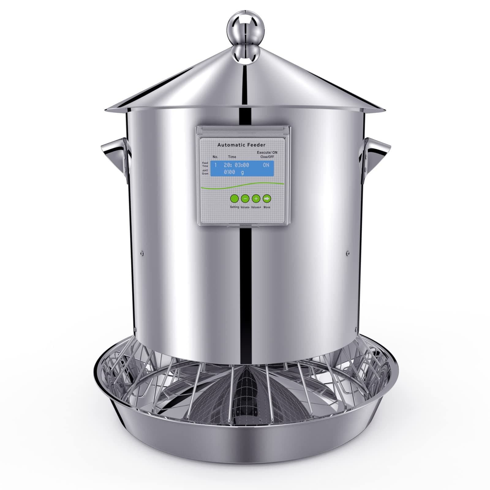 ChiPak Automatic Chicken Feeder with Timer, 25LB Capacity Stainless Steel Poultry Feeders W/ 4 Sets of Timer Settings,Waterproof Cover, Anti-Mouse Net for 6-12 Chickens 10 Days