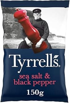Tyrrells Crisps SEA SALT & BLACK PEPPER Sharing Crisps 150g Bag - Hand-cooked & spun for an exquisite fresh taste. No artificial flavour, colours or MSG