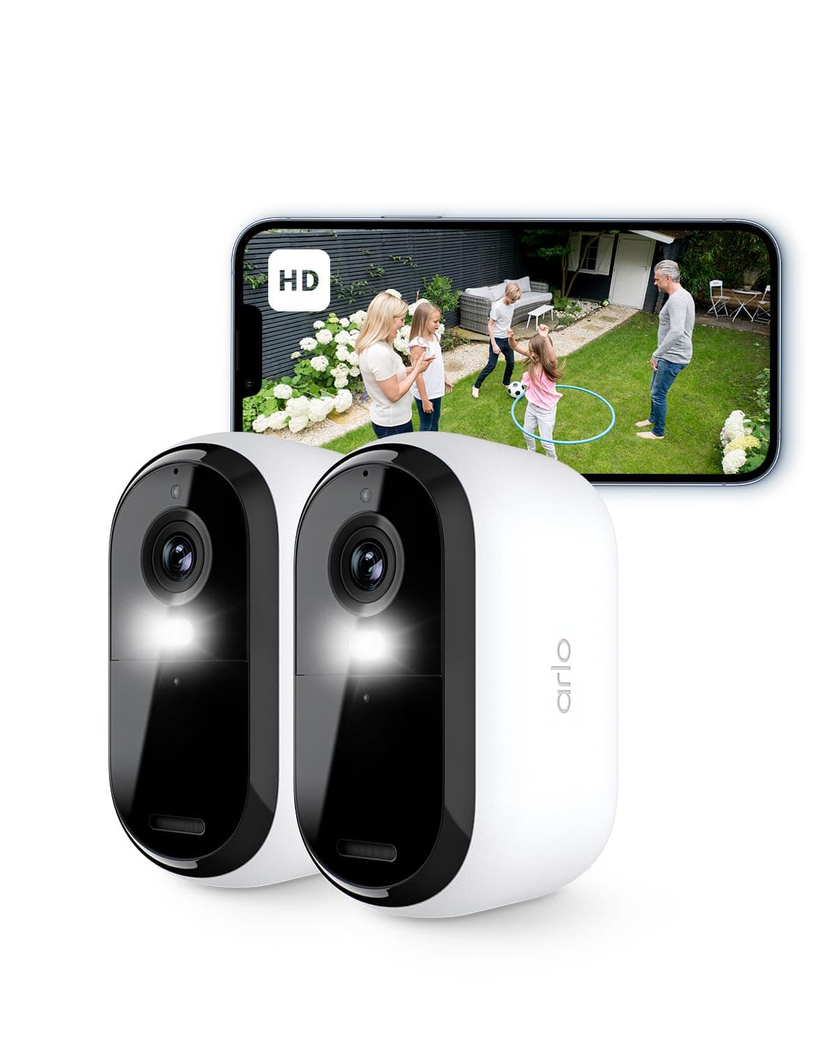 Essential 2 HD Video Security Camera Outdoor Wireless, Battery Operated Home Camera With Colour Night Vision, Light, Siren, 2 Way Audio & WiFi, Arlo Secure Free Trial, 2 Cameras, White