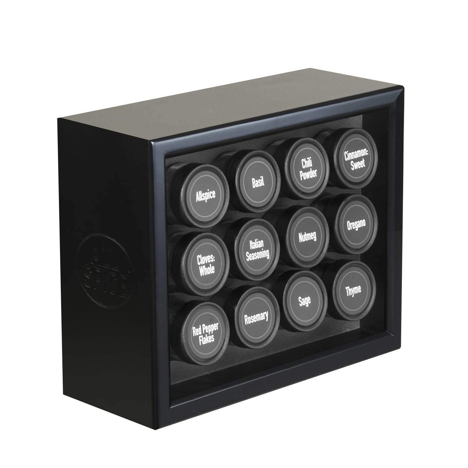 AllSpice Wood Spice Rack, Includes 12 4oz Jars- Matte Black