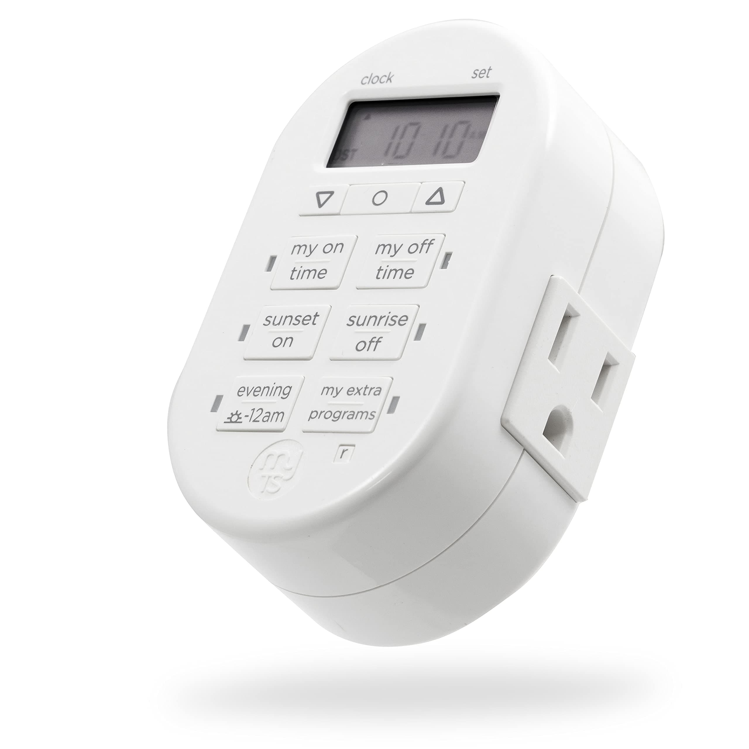 Simple Set 7-Day Digital Timer, 1 Grounded Outlet Timer, Sunrise-Sunset Indoor Timer Outlet, Programmable ON/OFF Plug Timer, 125V Light Timer, Lamp Timer, Seasonal Lights, White, 33860