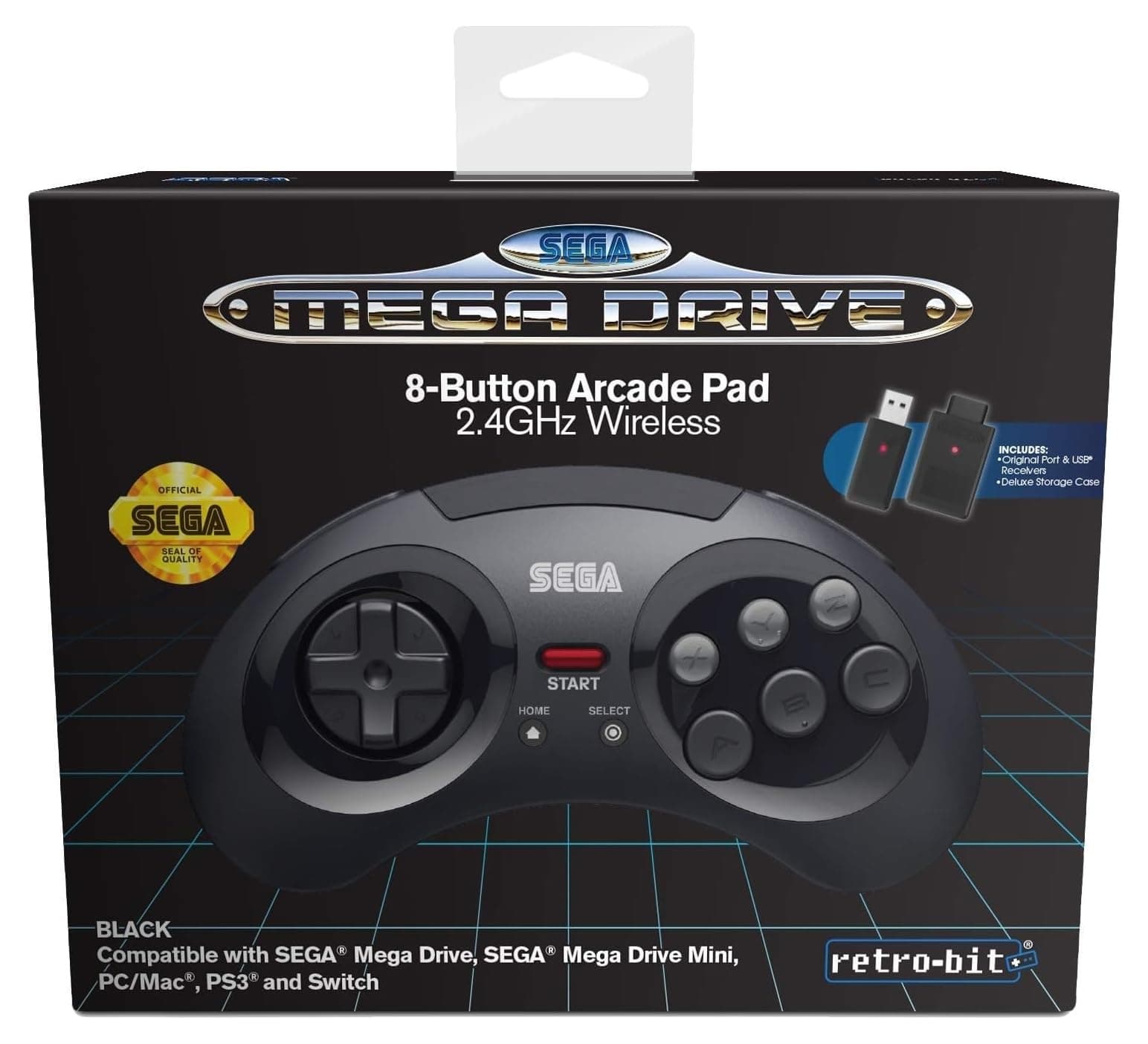 Retro-Bit Official SEGA Mega Drive 8-Button 2.4Ghz Wireless Arcade Pad for MEGA DRIVE MINI CONSOLE, Sega Mega Drive Console, PC, Switch, macOS, Playstation 3, Steam, RetroPie, Raspberry Pi (Black)