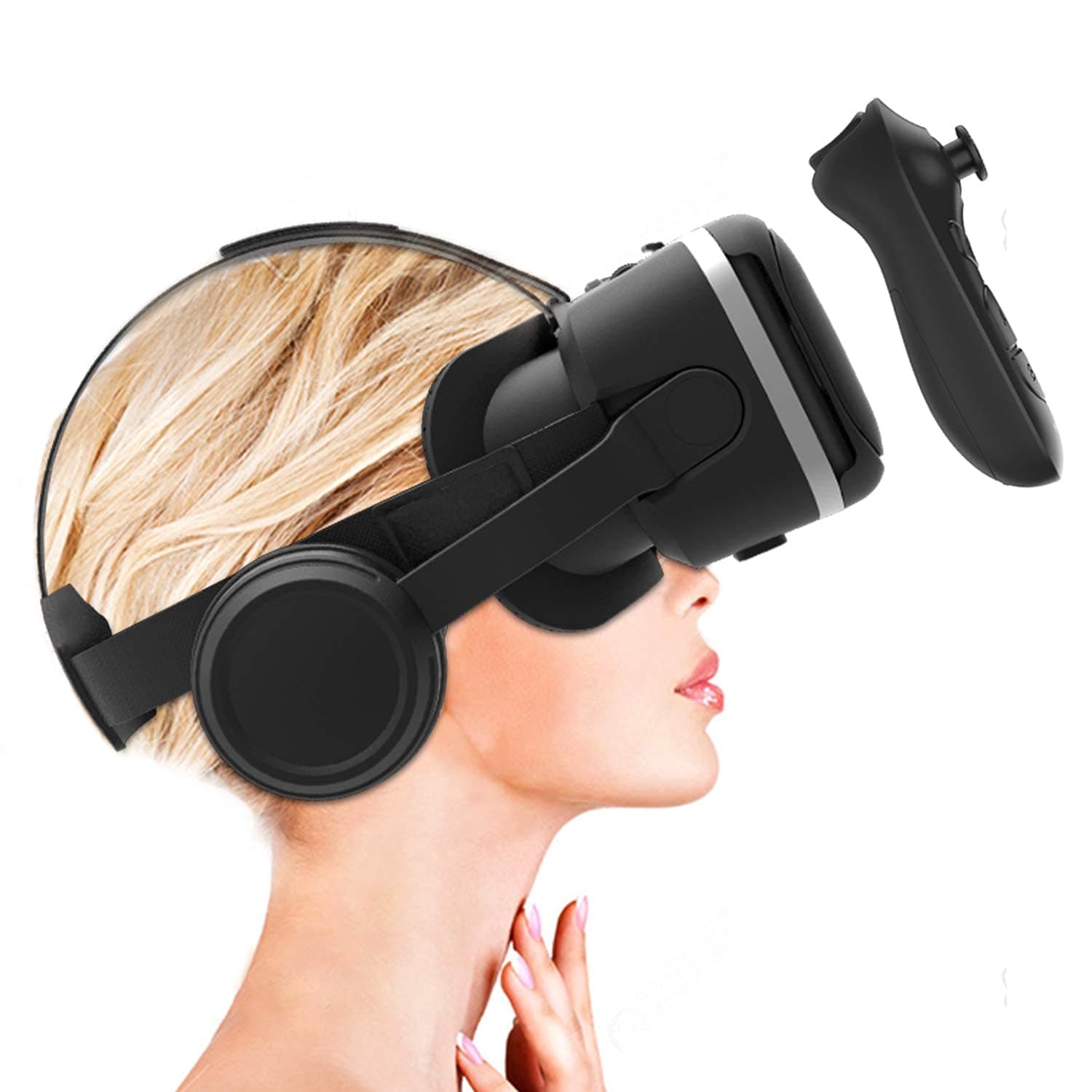 Irusu Play VR Plus - HD 3D Virtual Reality Headset with Adjustable HD Lens, Stereo Headphones, Touch Button, Controller - Mobile VR Gaming & Learning Compatible