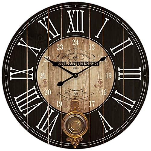 Round Brown and Black Paris Decorative Wall Clock with Big Roman Numerals Looks Like Distressed Wood Quartz Movement..0116