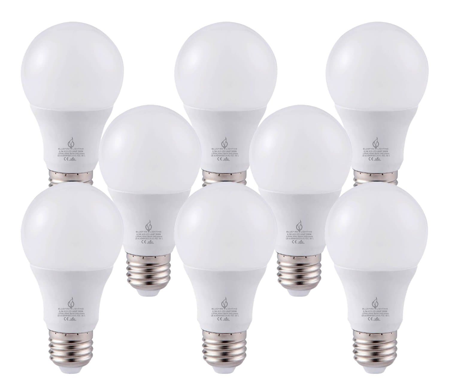 Bluefire Lighting 6W A19 LED Light Bulb, 5000K/Daylight, 540 lm, 40 W Replacement Value Pack, 8 Piece
