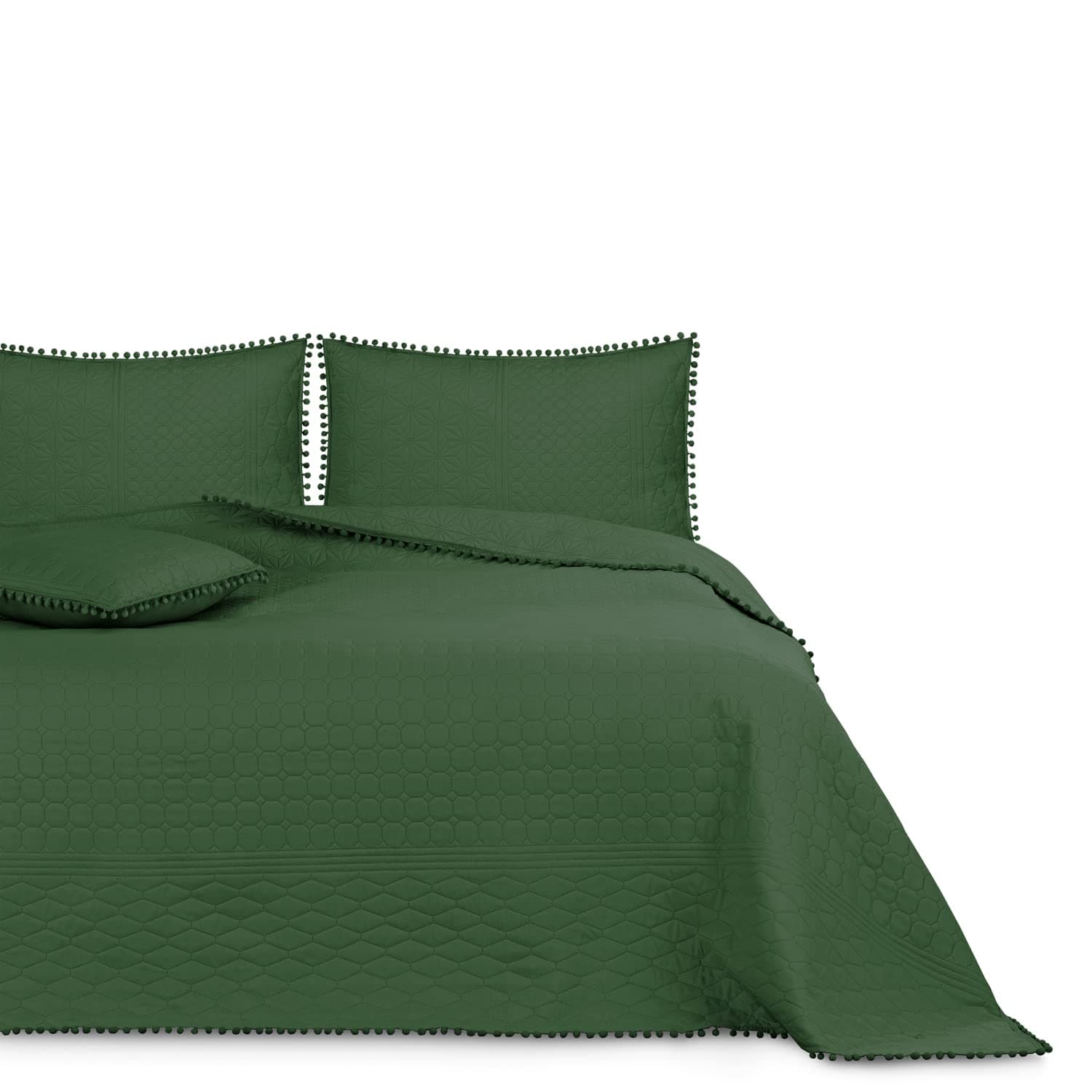 AmeliaHome Bedspread with Pompoms 260 x 280 cm Bed Throw Double-Sided Ultrasonic Quilting Polyester Meadore Dark Green