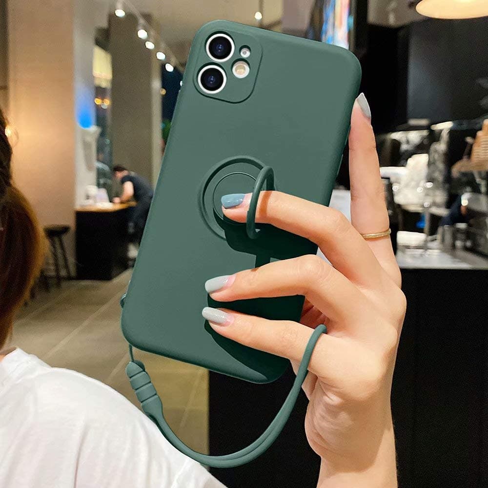 Pepmune for iPhone 11 Pro Max Case Liquid Silicone with Ring Holder Kickstand Magnetic Car Mount Detachable Wrist Strap Shockproof Soft Protective Cover for iPhone 11 Pro Max-Blackish green