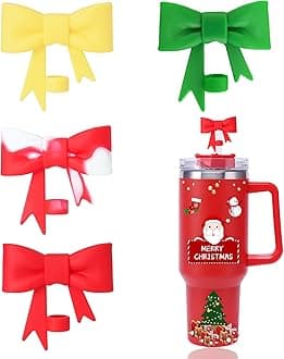 4 Pcs Christmas Bow Straw Covers Cap Toppers Compatible with Stanley 30&40 oz Tumbler Cups,Reusable Cute Silicone Straws Tips Lids Protectors for 0.4 in/10mm Stanleys Cup Accessories