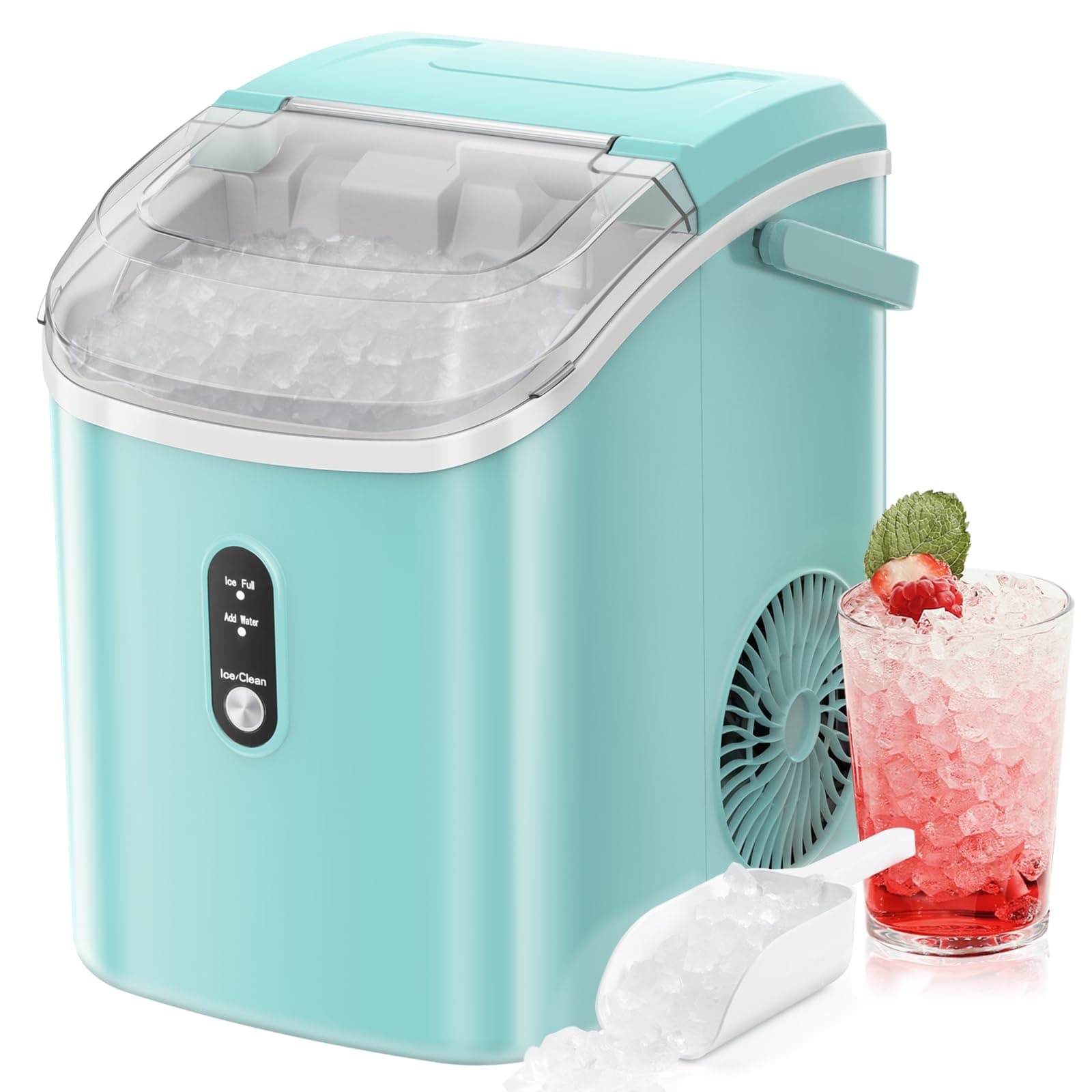Nugget Countertop Ice Maker with Soft Chewable Pellet Ice, Automatic 34lbs in 24 Hours,Pebble Portable Ice Machine with Ice Scoop, Self-Cleaning, One-Click Operation, for Kitchen,Office Green