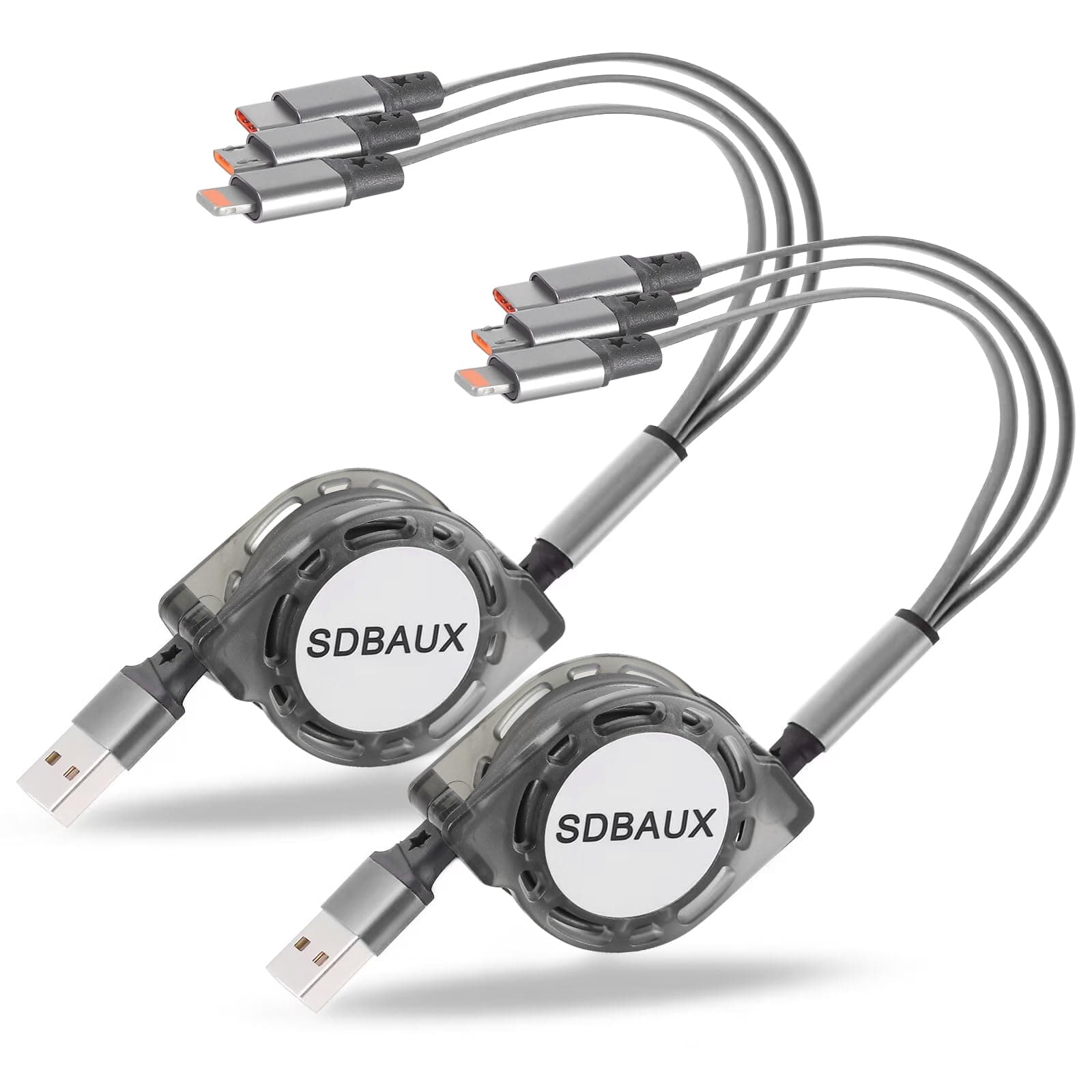 SDBAUX Multi USB Charger Cable Retractable 3 in 1 Multiple Charging Cord Adapter with Phone Type C Micro USB Port Connectors Compatible with Cell Phones Tablets Universal Use (2Pack-Grey)