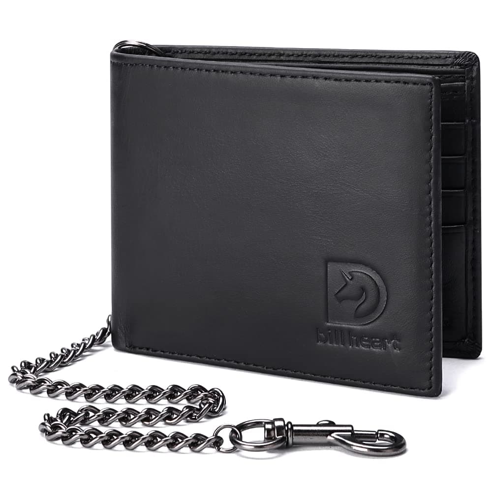 bill heartChain Wallets for Men, RFID Blocking Genuine Leather Bifold Wallet with Sturdy Chain