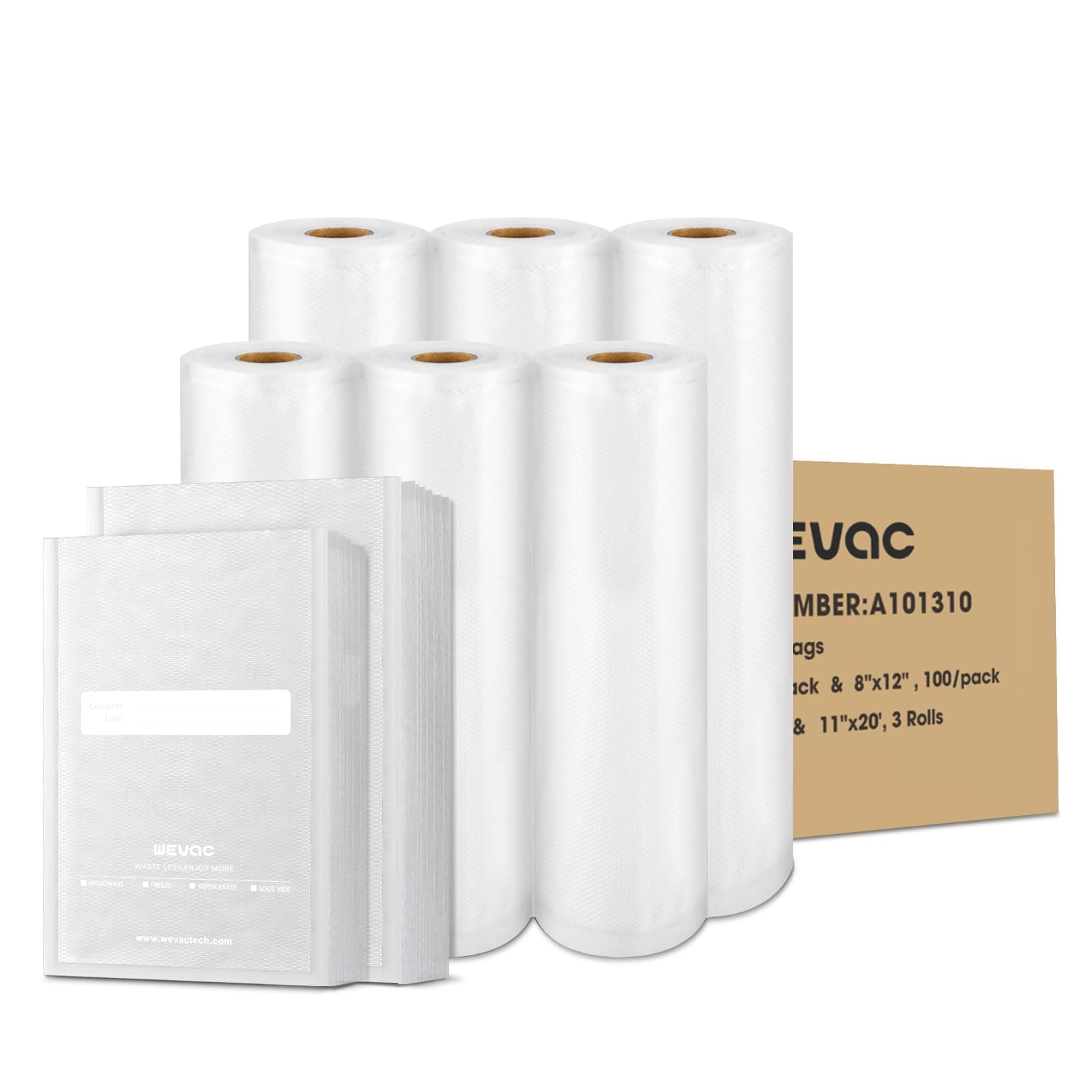 Multi-Size Sealing Solution Vacuum Sealer Bags & Rolls – 100x 6''x10'', 100x 8''x12'', 3 Rolls 11''x20', 3 Rolls 8''x20' – Premium Commercial-Grade for Food Storage, Meal Prep, & Sous Vide, Wevac